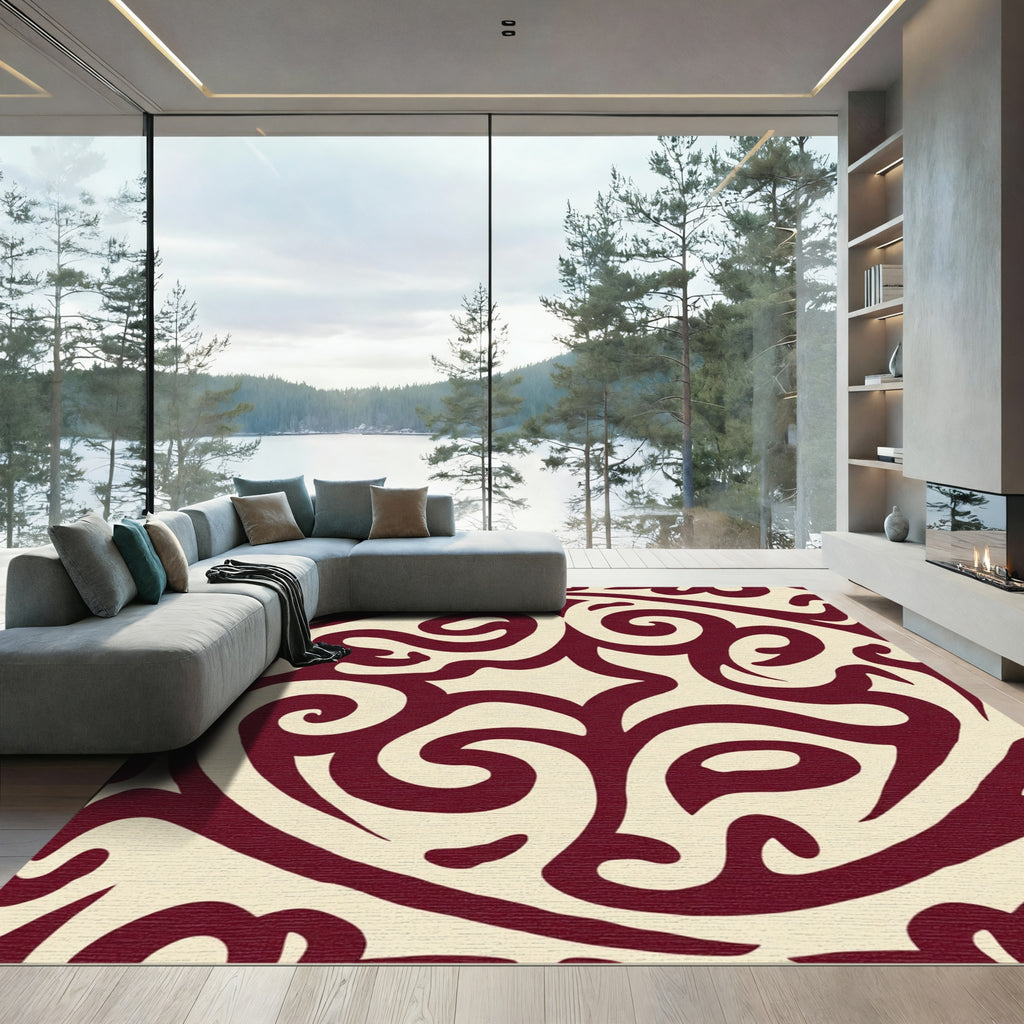 Crimson Swirl Cream Elegant Ornament Rug