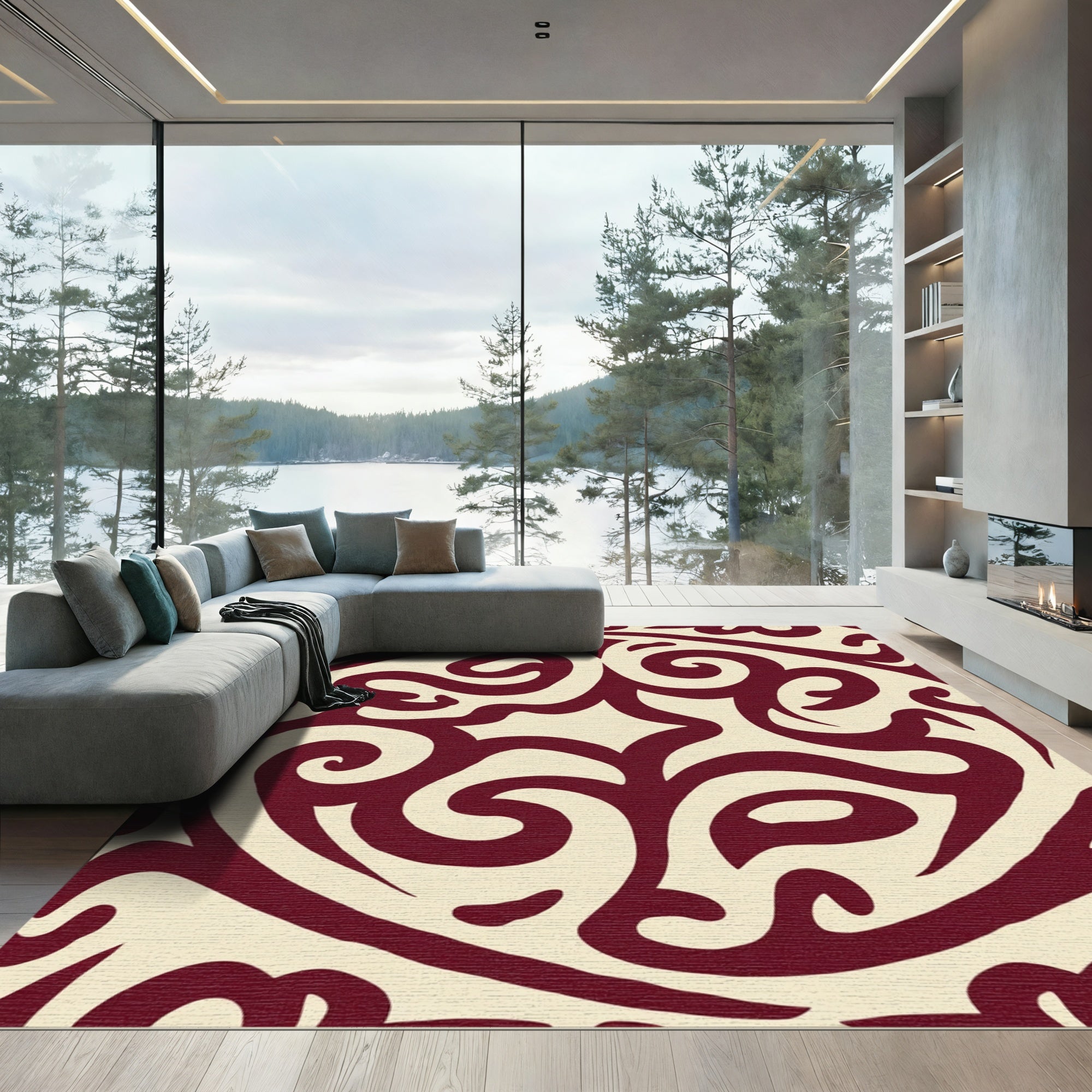 Crimson Swirl Cream Elegant Ornament Rug