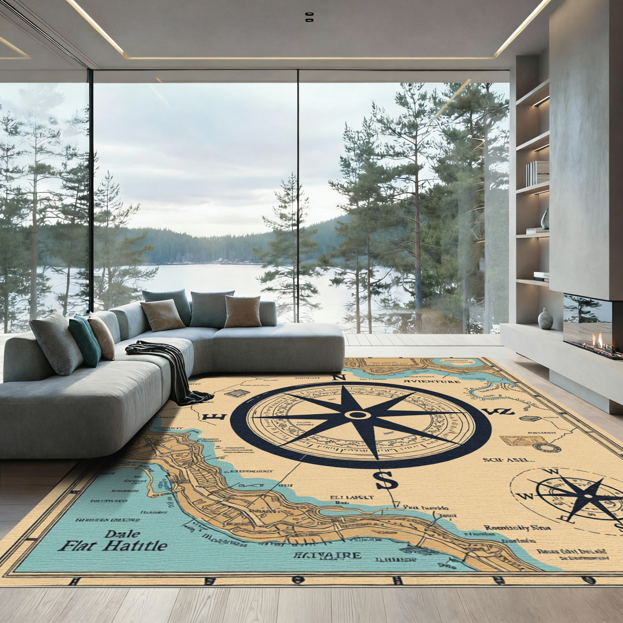 Vintage Nautical Map Compass Rose Rug