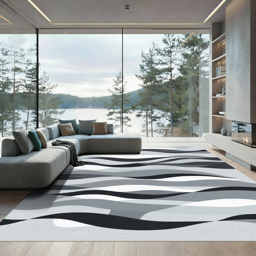 Monochromatic Gray Abstract Wave Ribbons Rug