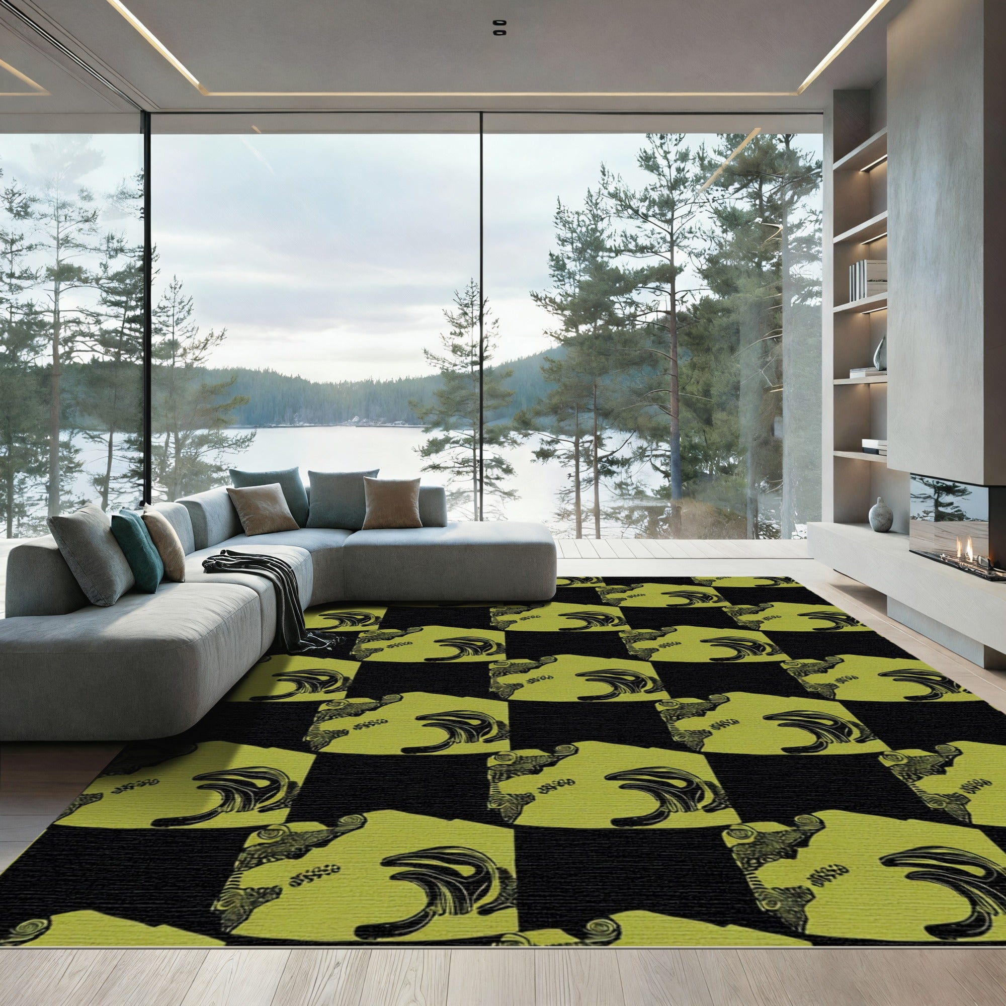 Olive Green Abstract Swirl Composition Rug