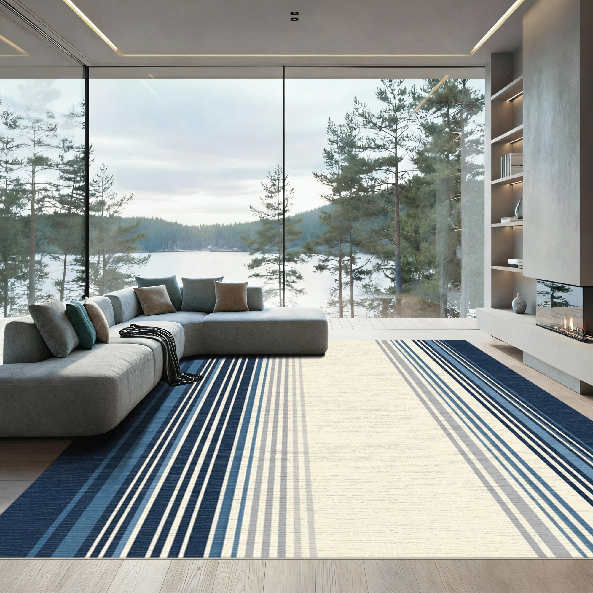 Navy Blue Cream Striped Modern Rug