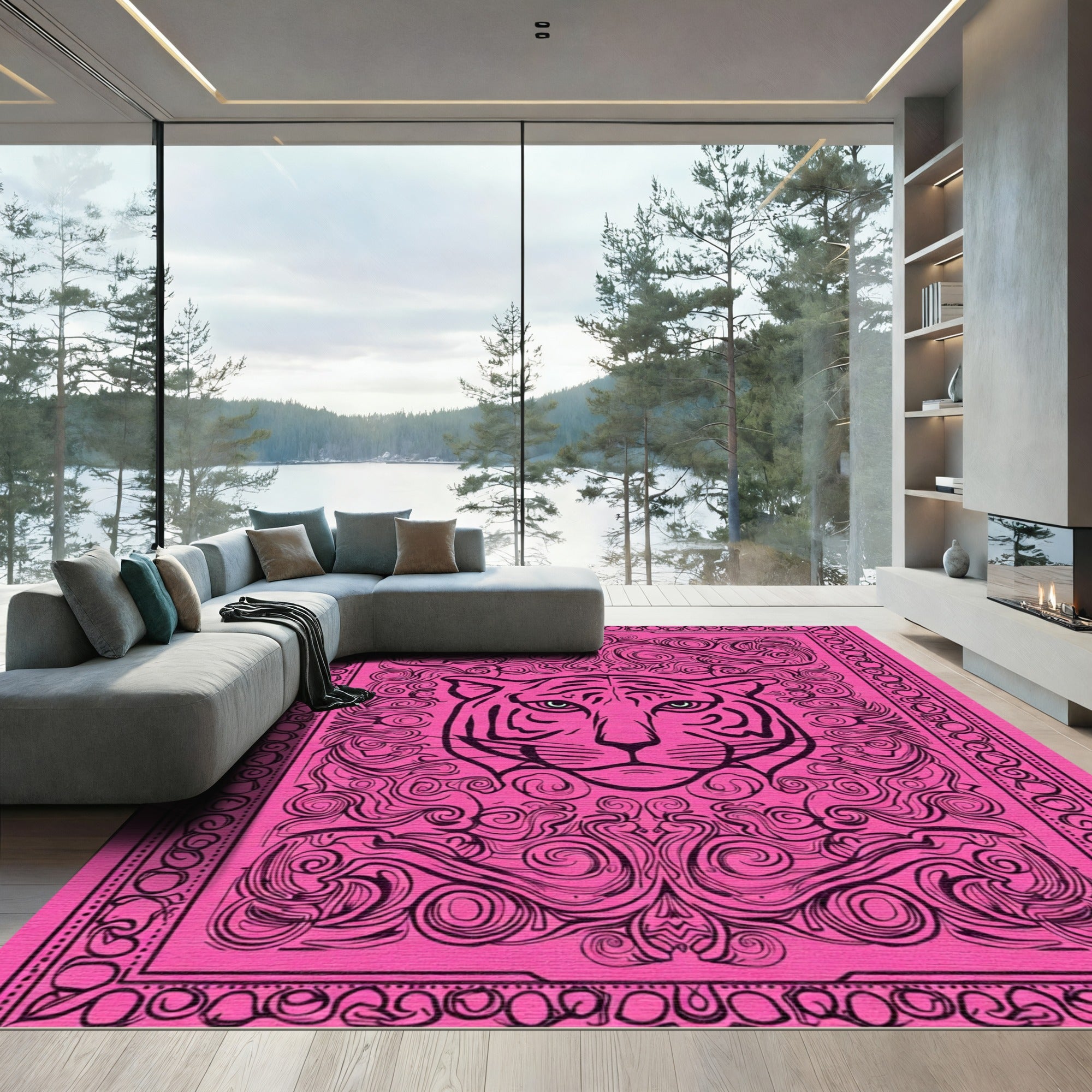 Vivid Pink Tiger Swirls Frame Rug