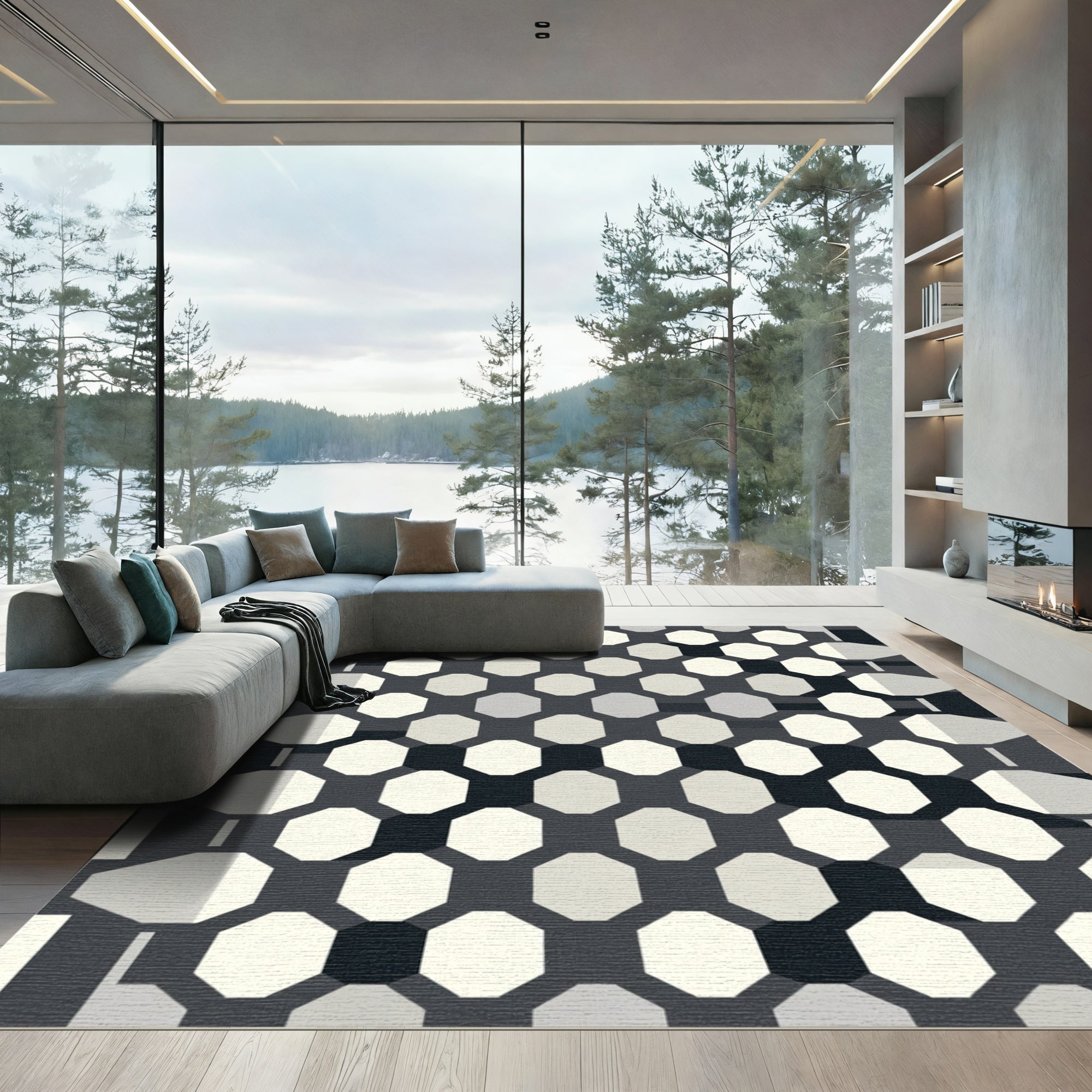 Monochromatic Geometric Octagon Arrangement Rug