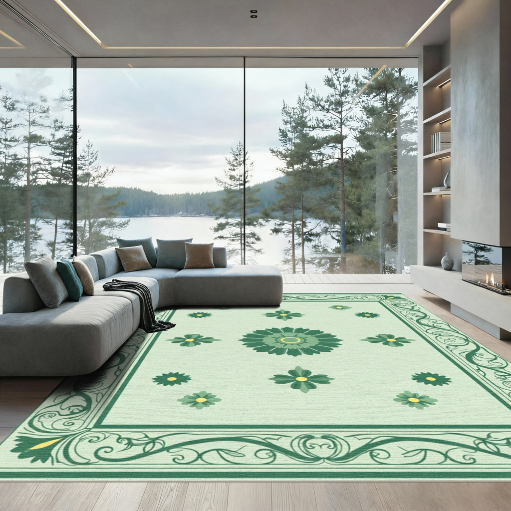 Pale Green Floral Medallion Border Rug