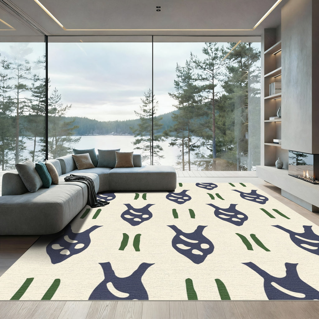 Dark Blue Abstract Figures Cream Ground Rug