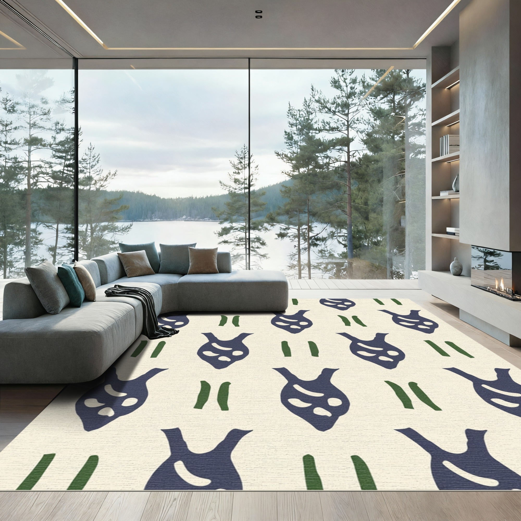 Dark Blue Abstract Figures Cream Ground Rug