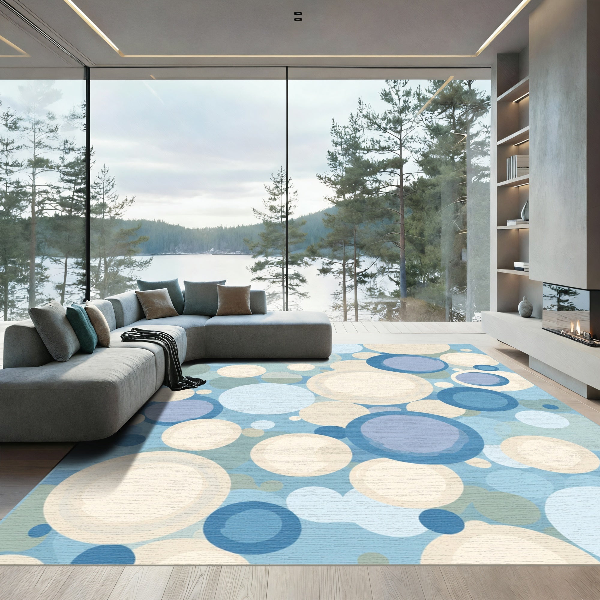 Soothing Blue Cream Bubble Cluster Rug