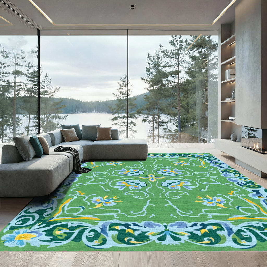 Vibrant Green Floral Scroll Rug