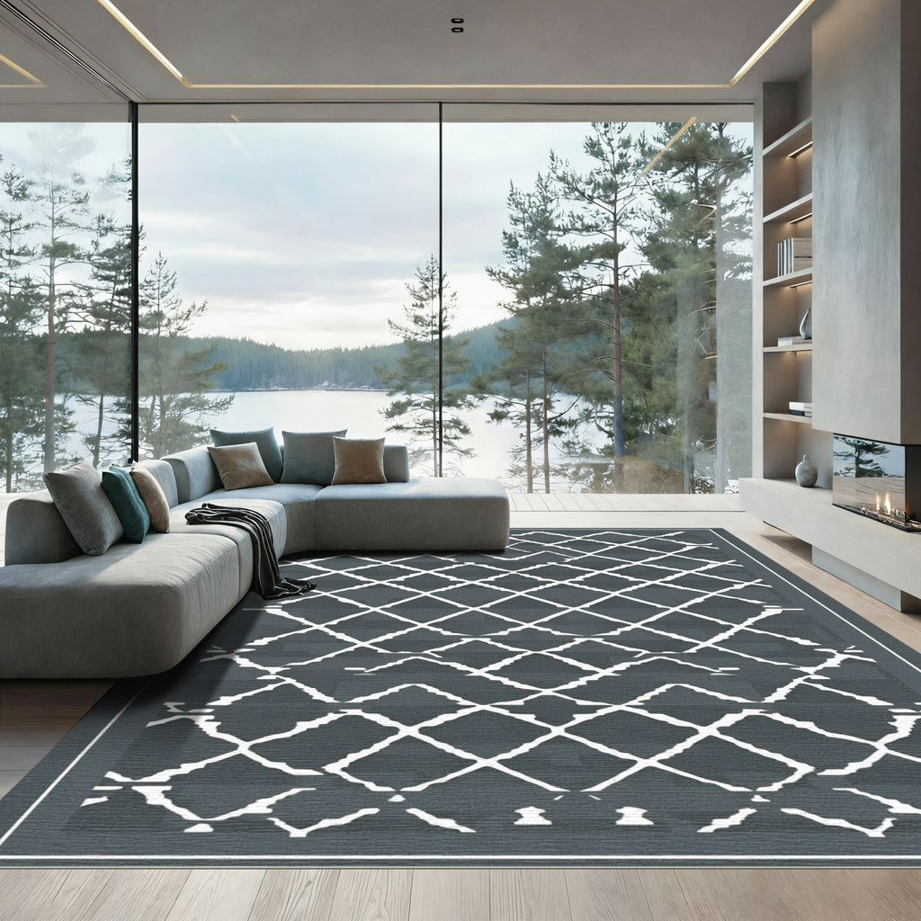 Dark Gray Lattice Geometric Diamond Rug