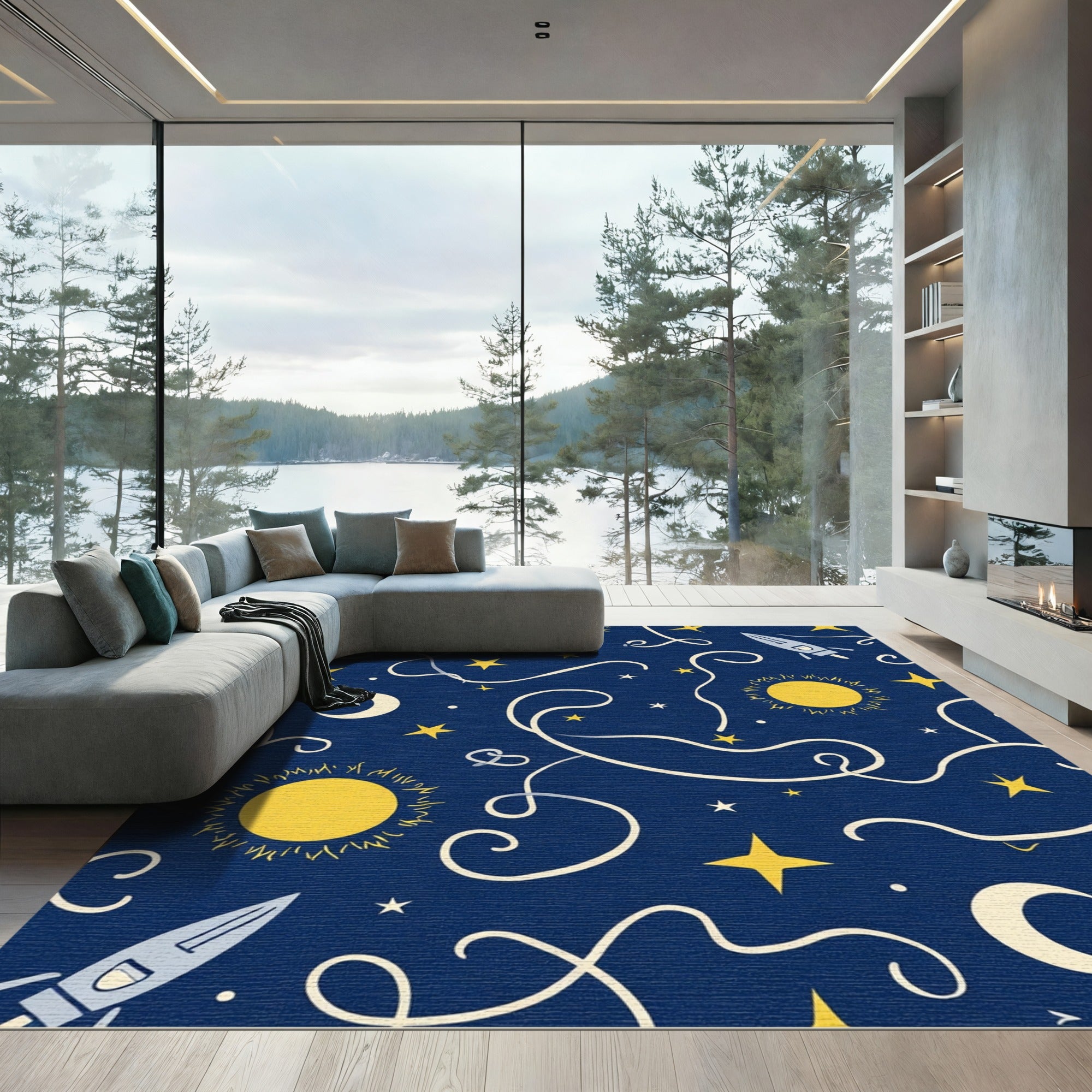 Midnight Blue Celestial Rocket Ships Rug