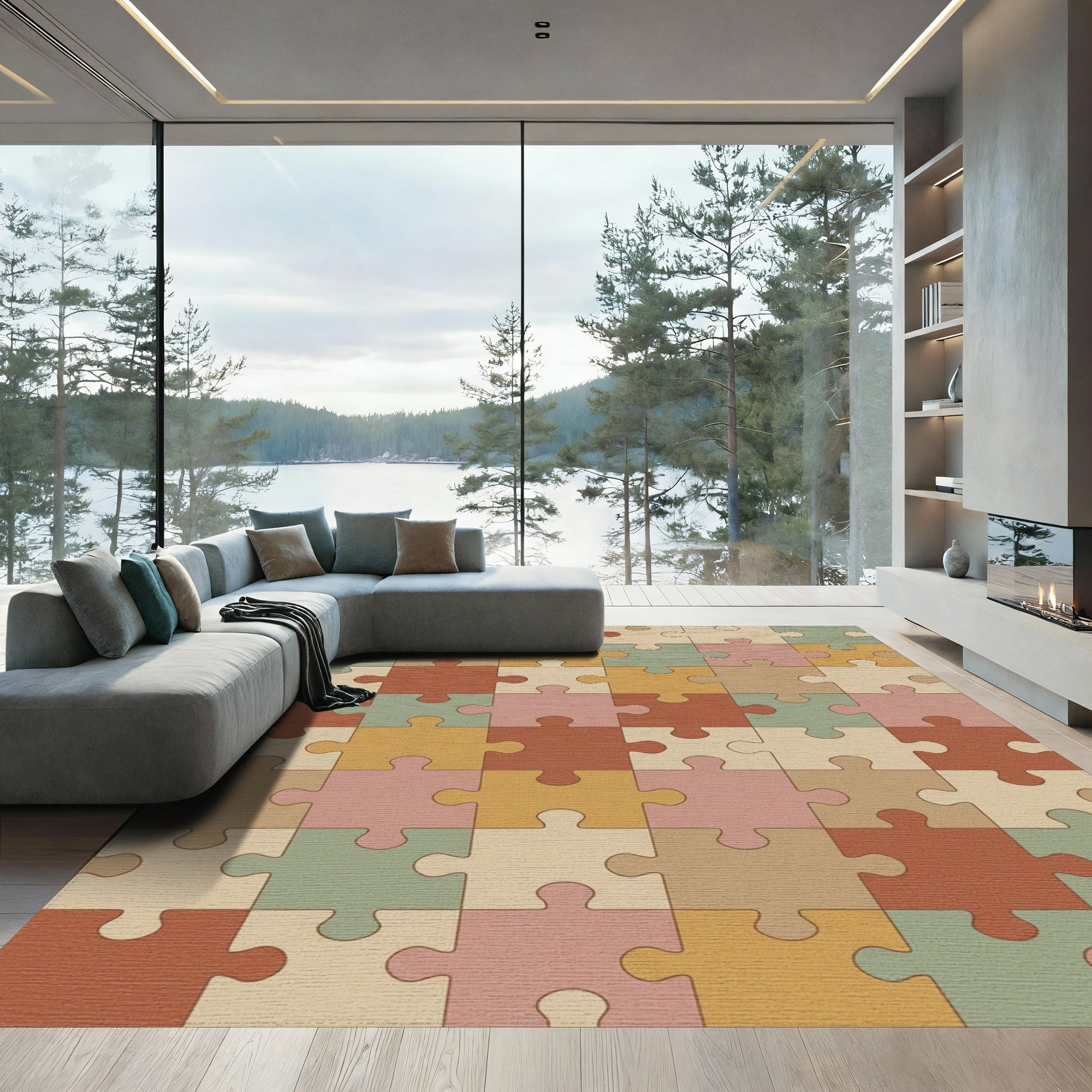 Retro Puzzle Piece Collage Rug
