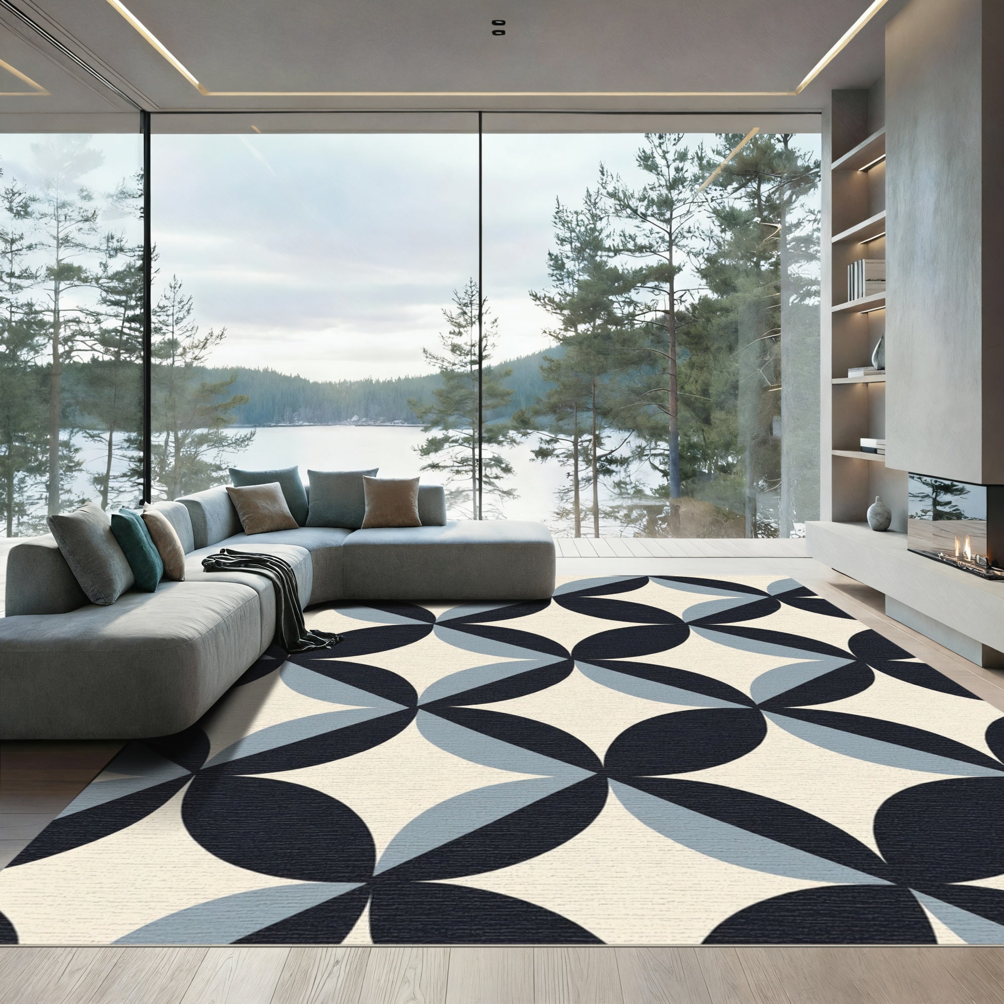 Retro Blue Interlocking Petal Geometric Rug