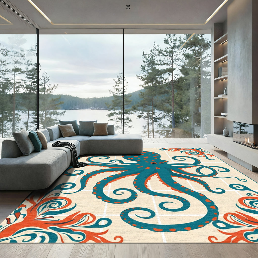 Teal Orange Octopus Floral Scroll Rug