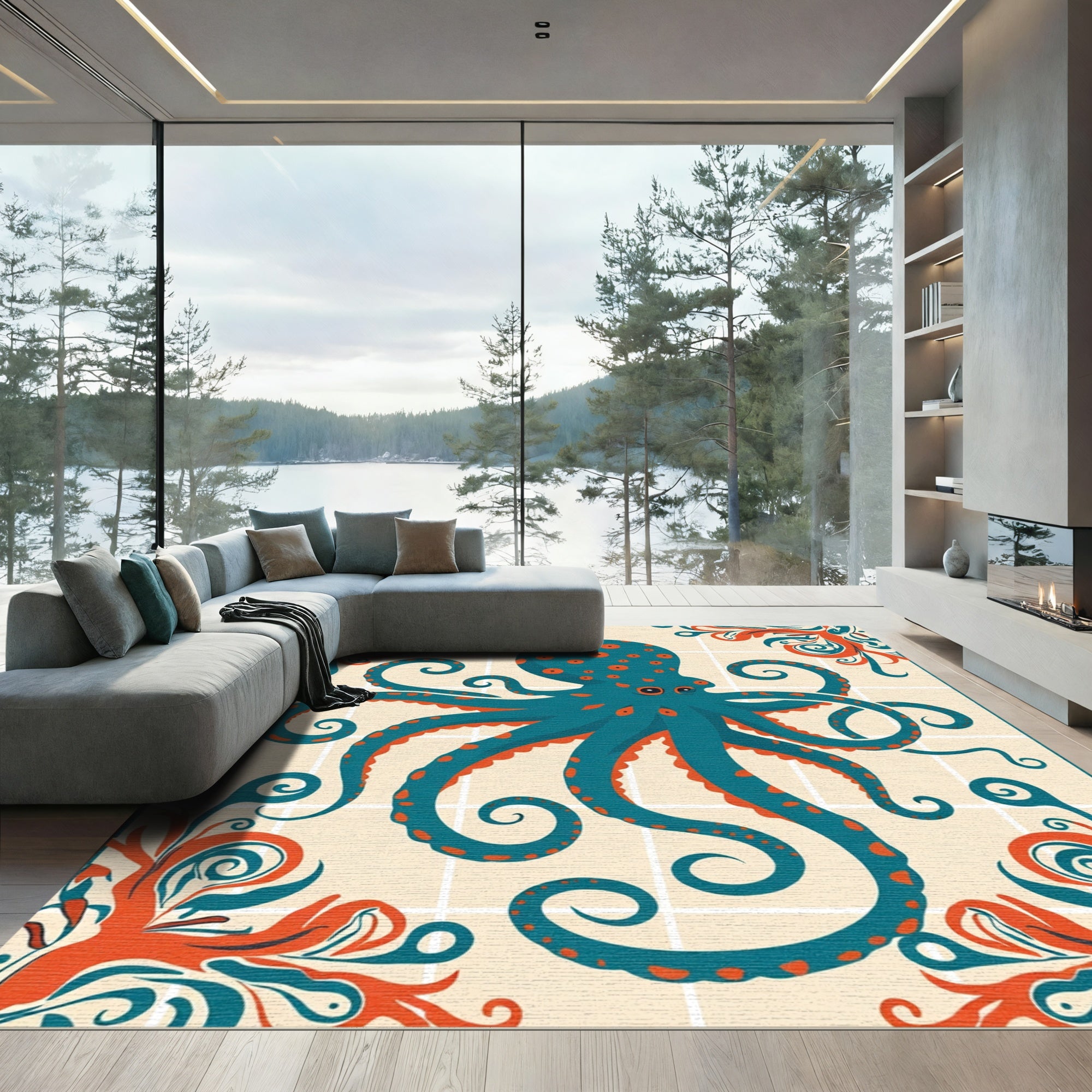 Teal Orange Octopus Floral Scroll Rug