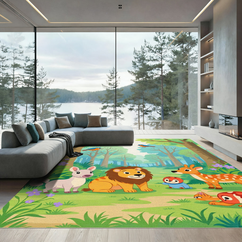 Whimsical Woodland Creatures Blue Bird Scene Rug