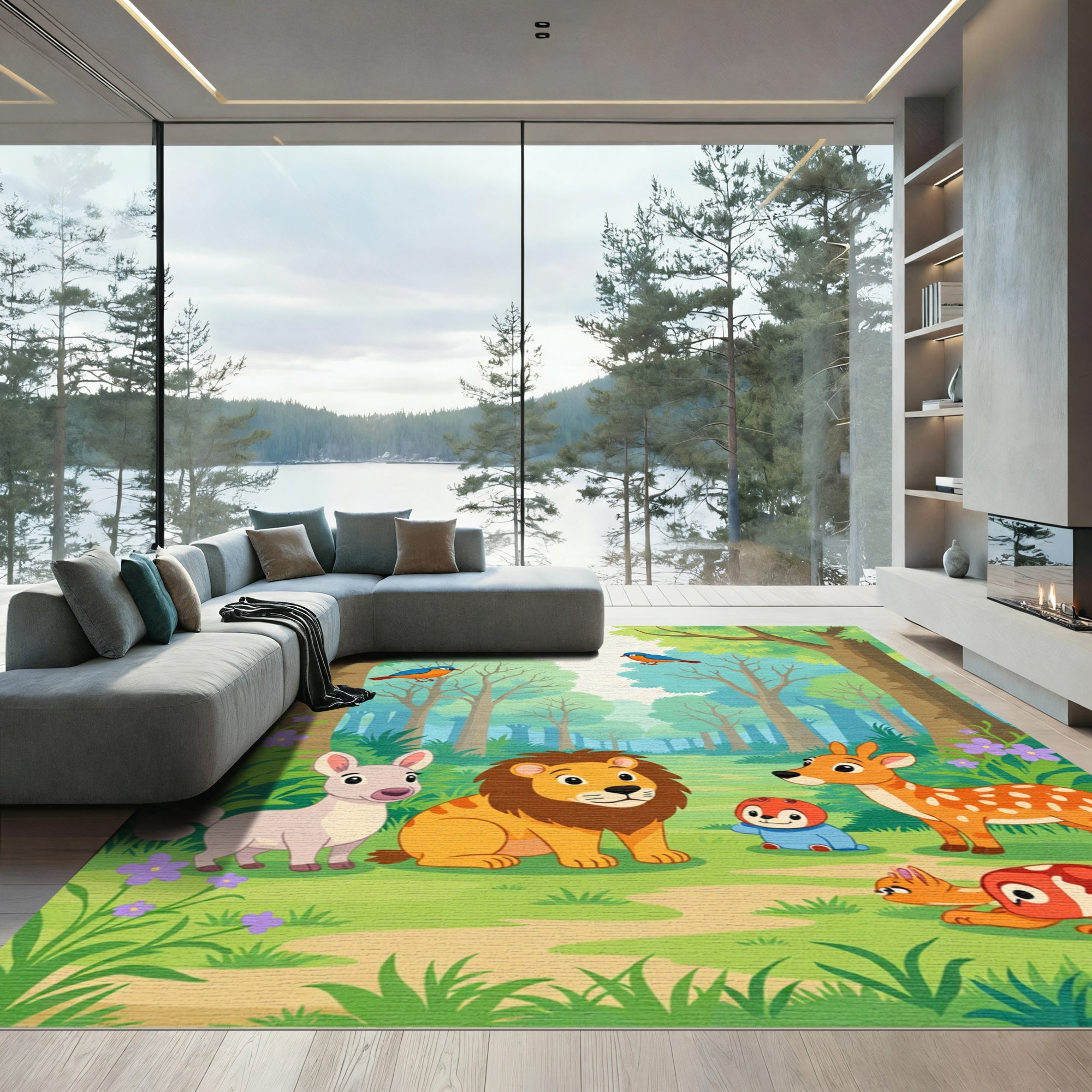 Whimsical Woodland Creatures Blue Bird Scene Rug