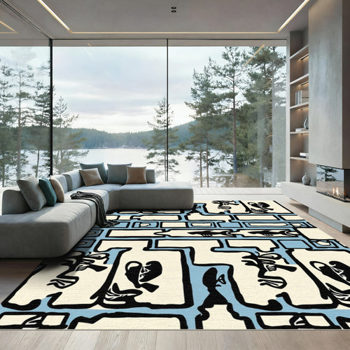 Abstract Faces Fish Blue Cream Rug