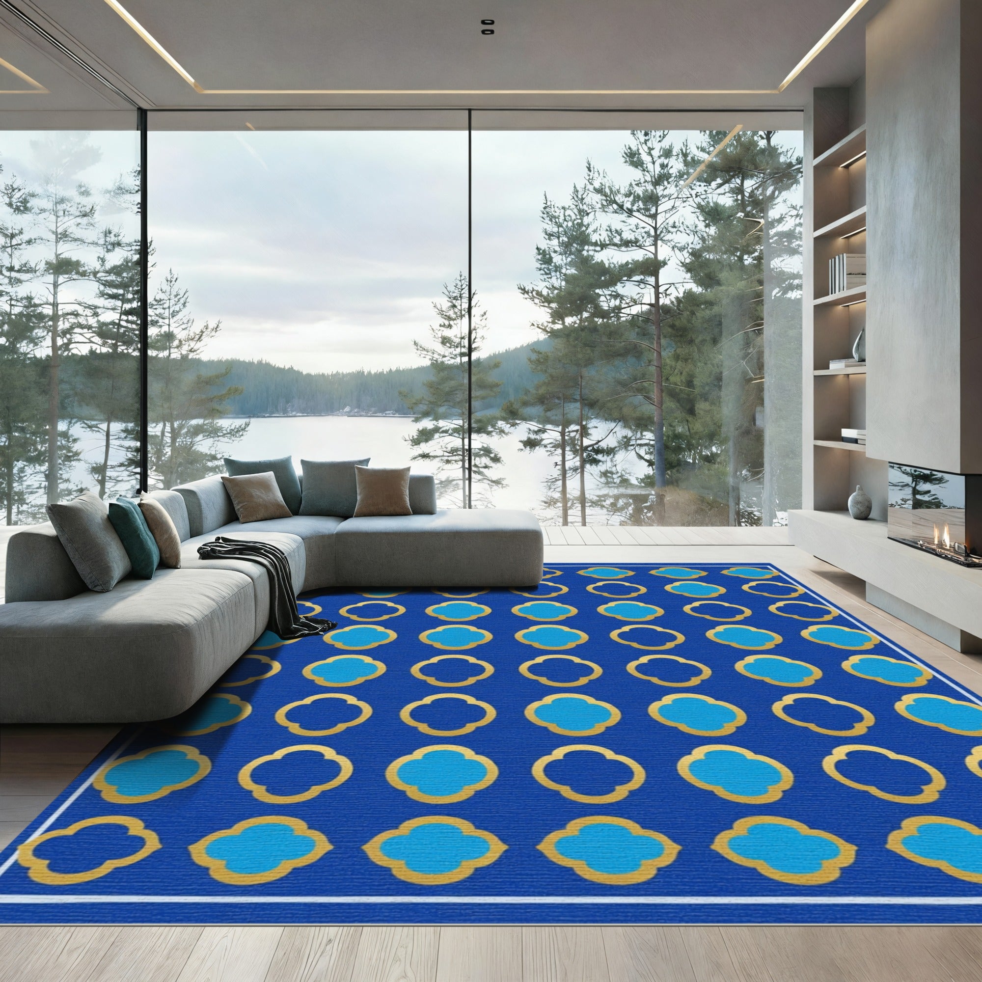 Royal Blue Quatrefoil Gold Geometric Rug