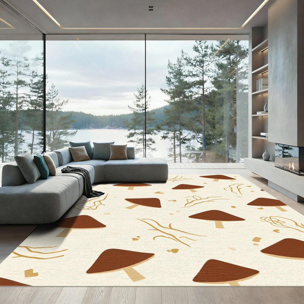 Earthy Mushroom Forest Line Drawing Rug