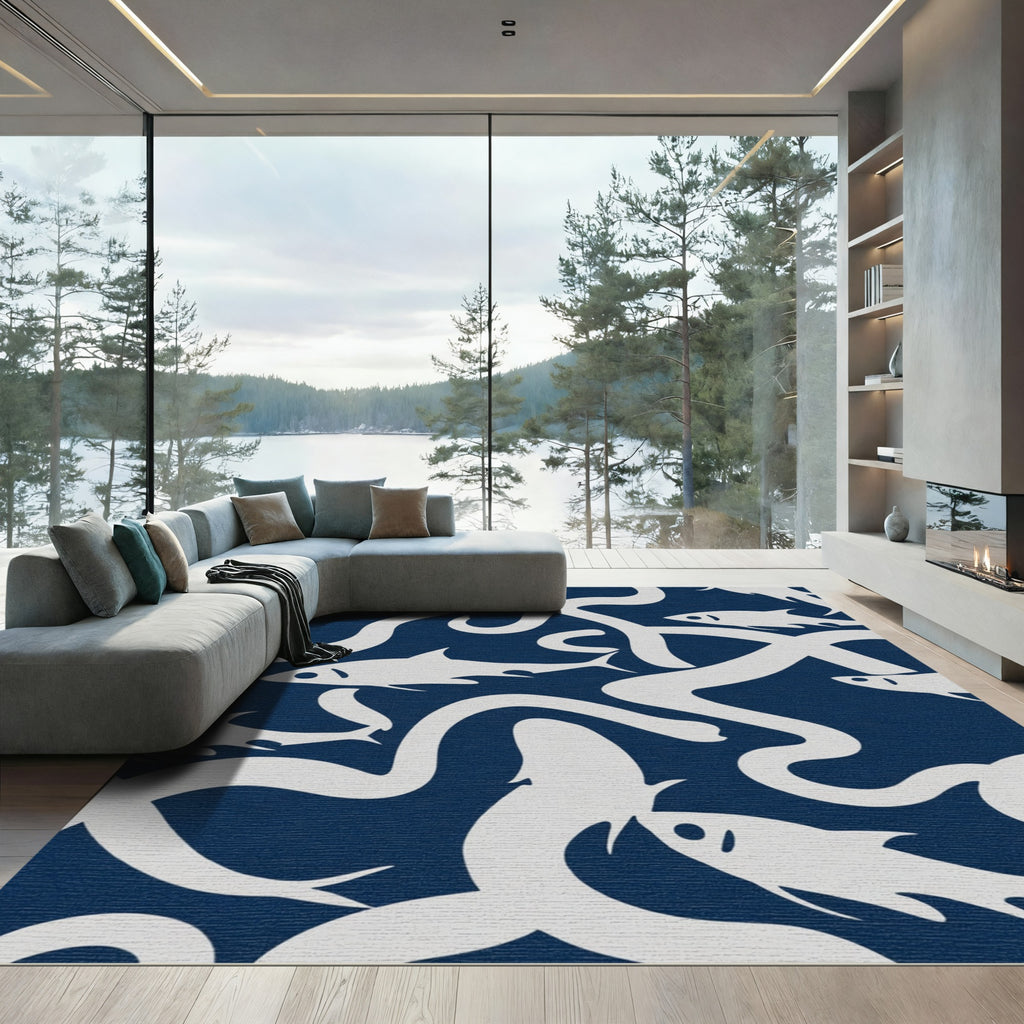 White Fish Navy Abstract Swirl Ruffle Rug