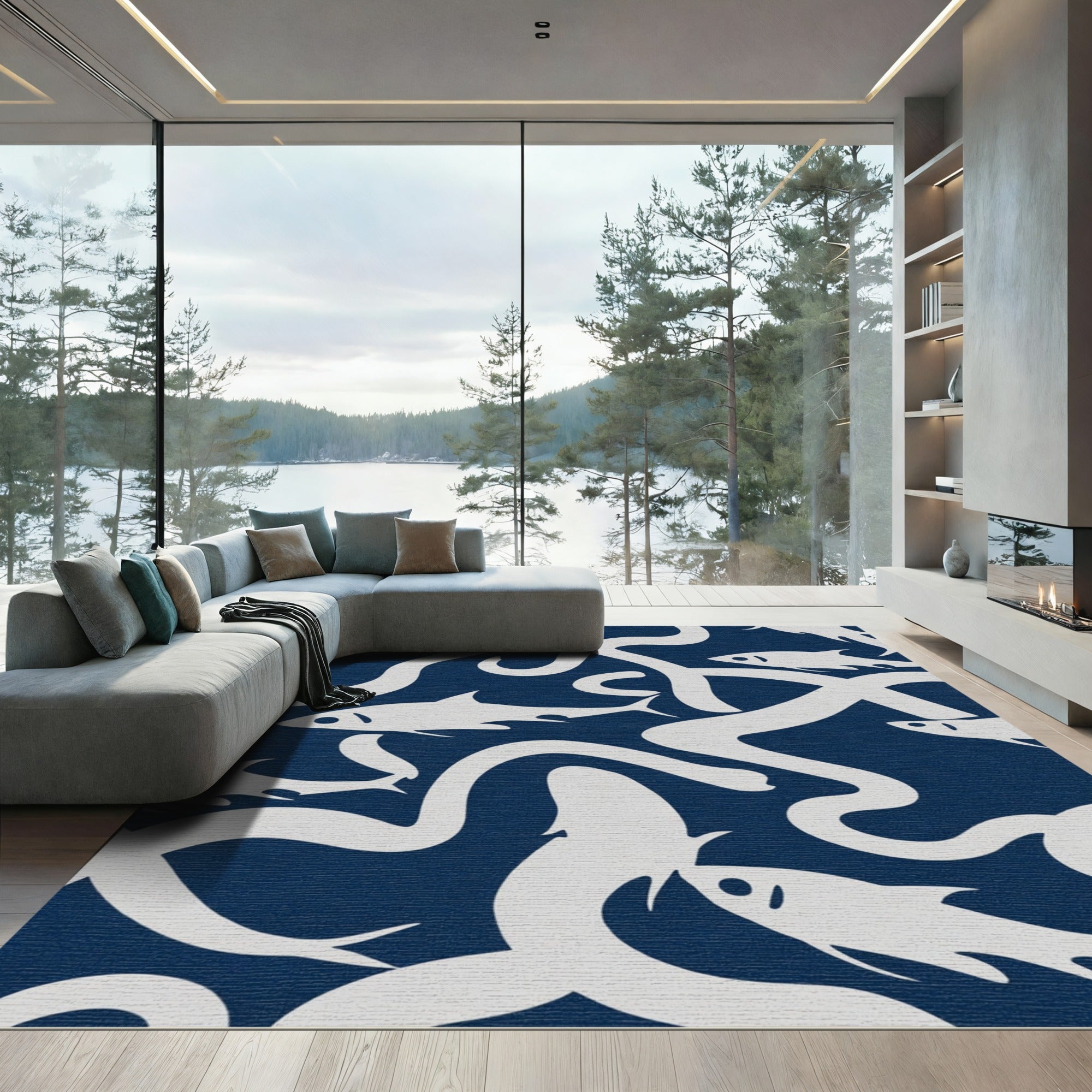 White Fish Navy Abstract Swirl Ruffle Rug