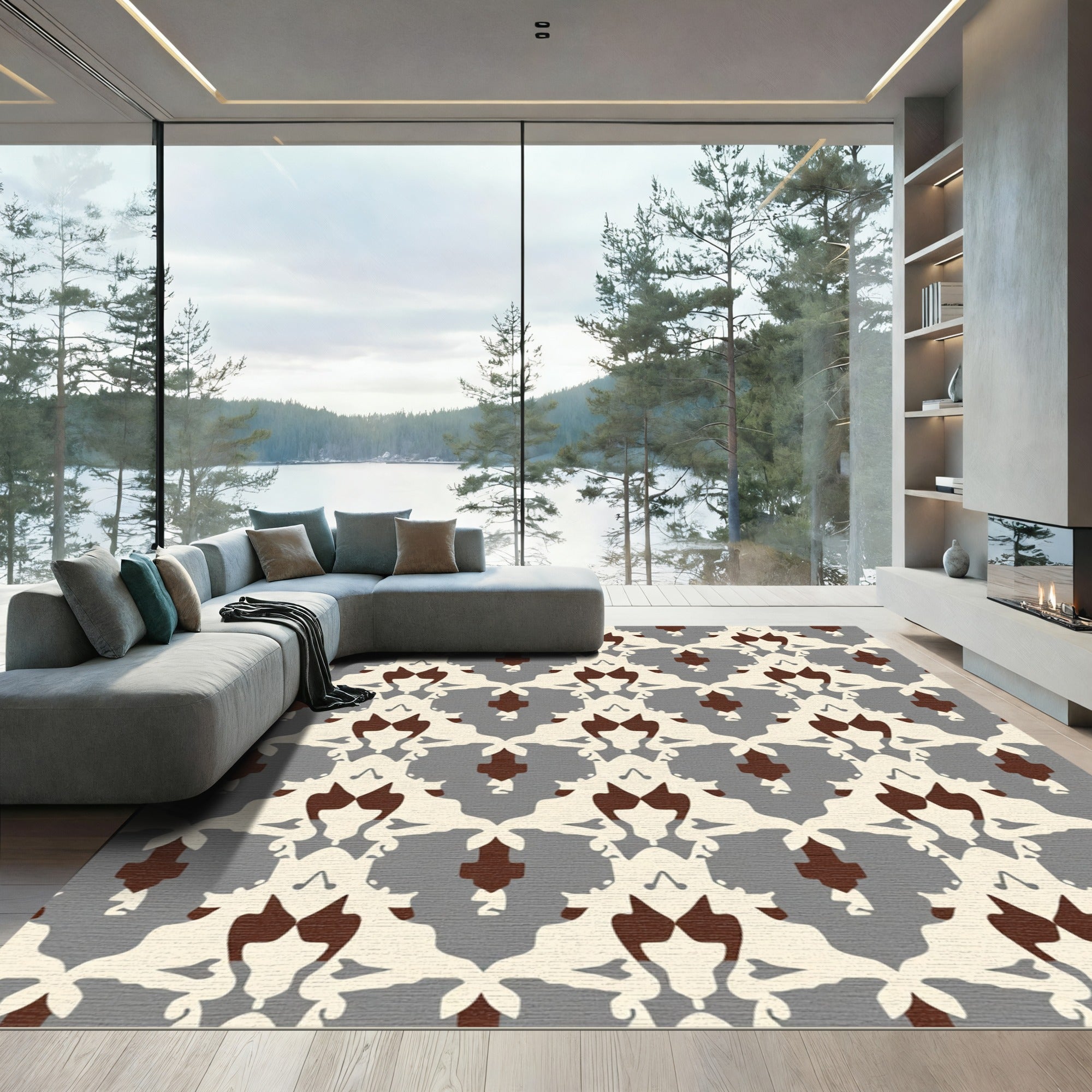 Cream Brown Gray Abstract Symmetry Rug