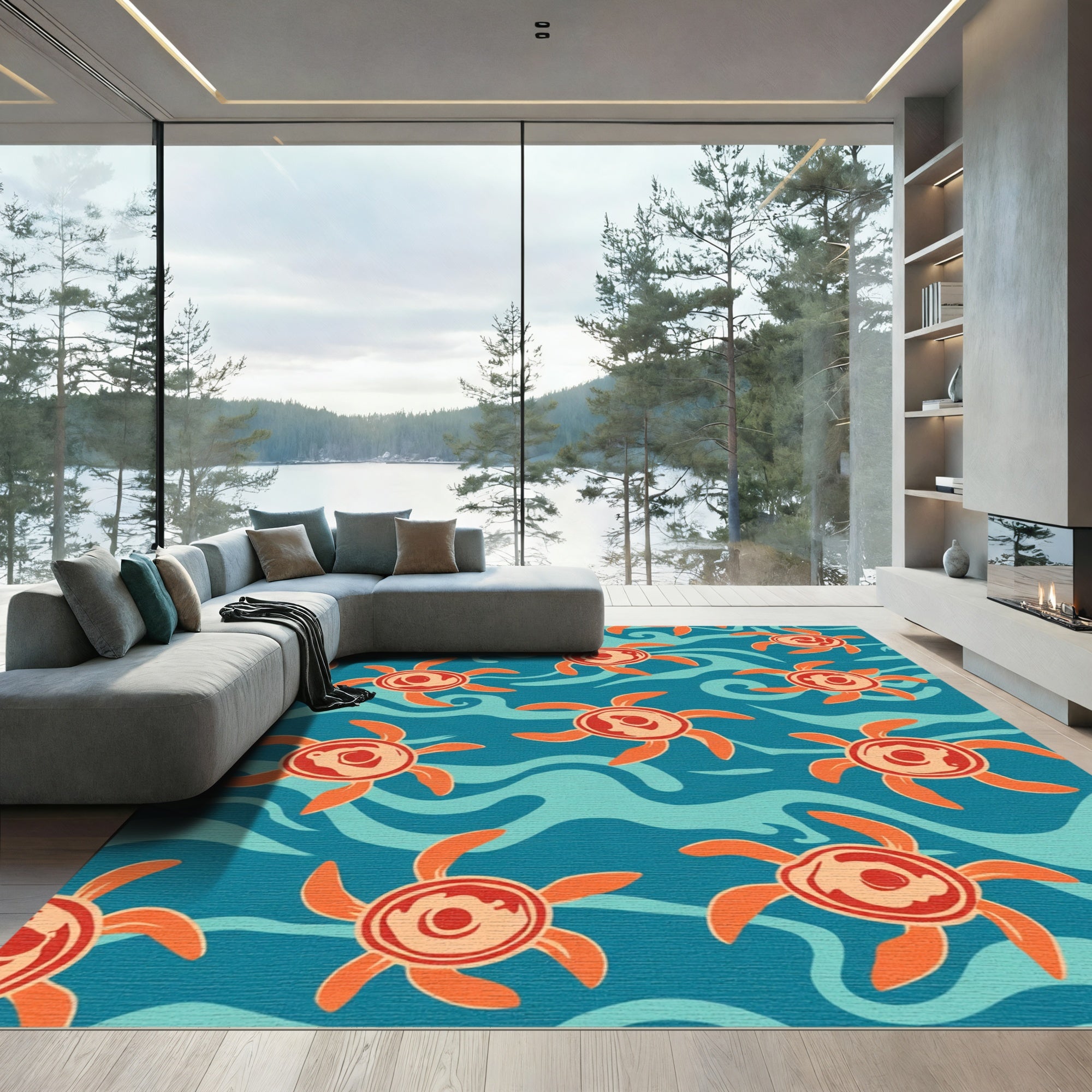 Abstract Orange Aquatic Creatures Rug