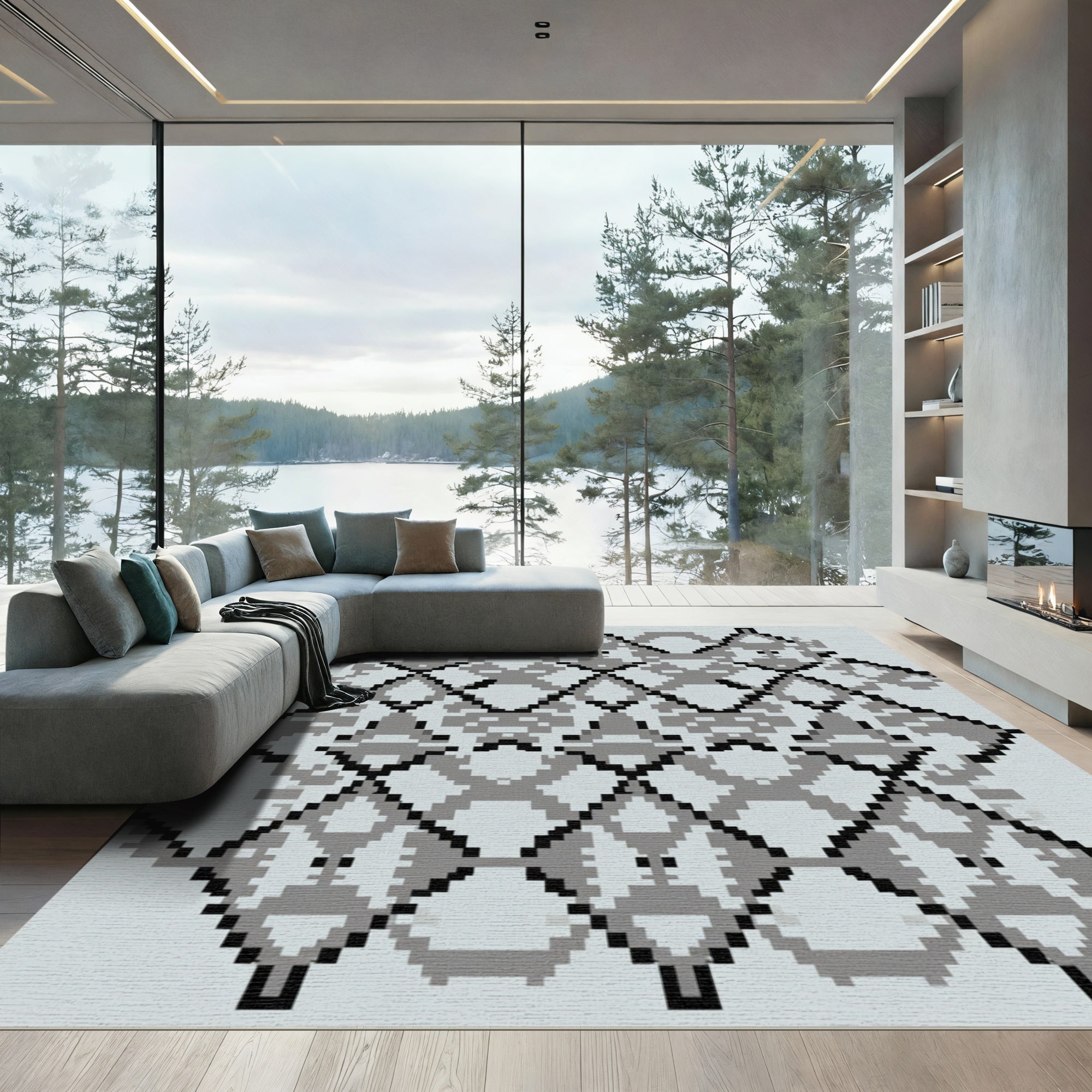 Monochromatic Geometric Diamond Pixel Rug