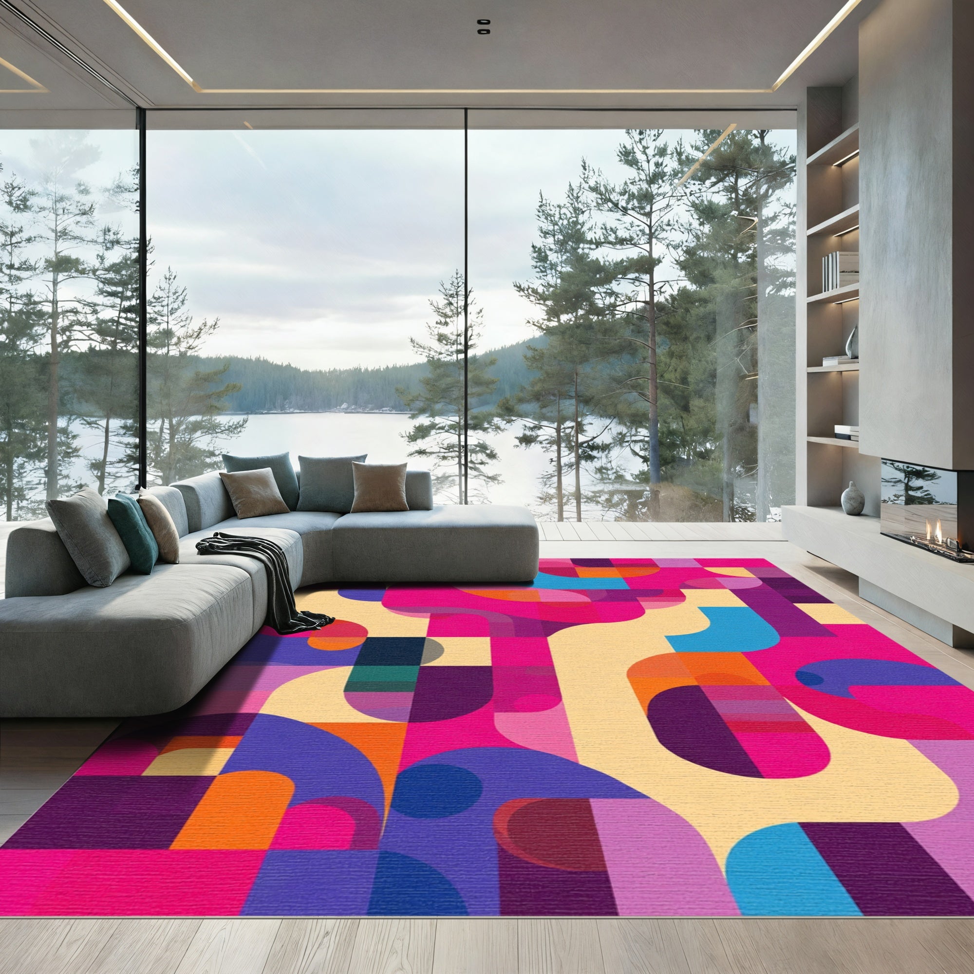 Vibrant Pink Geometric Mid Century Rug