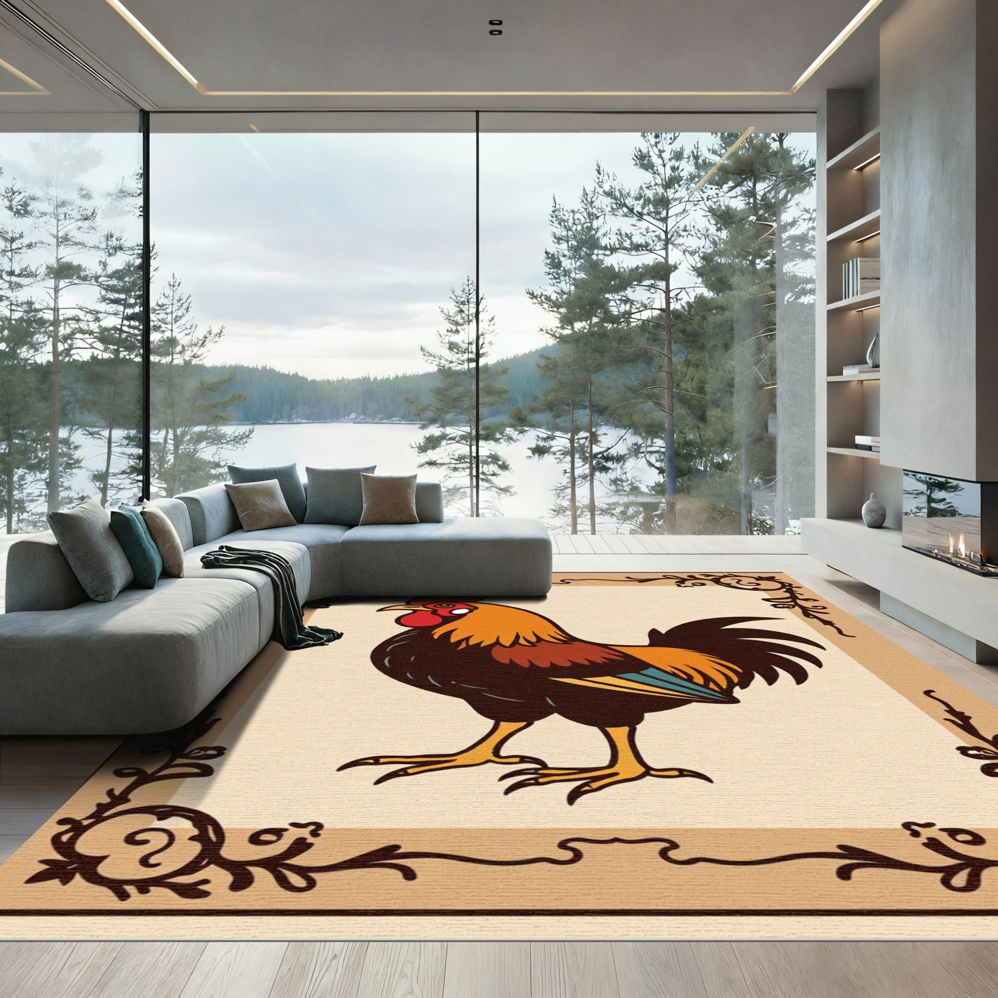 Vintage Rooster Folk Art Border Rug