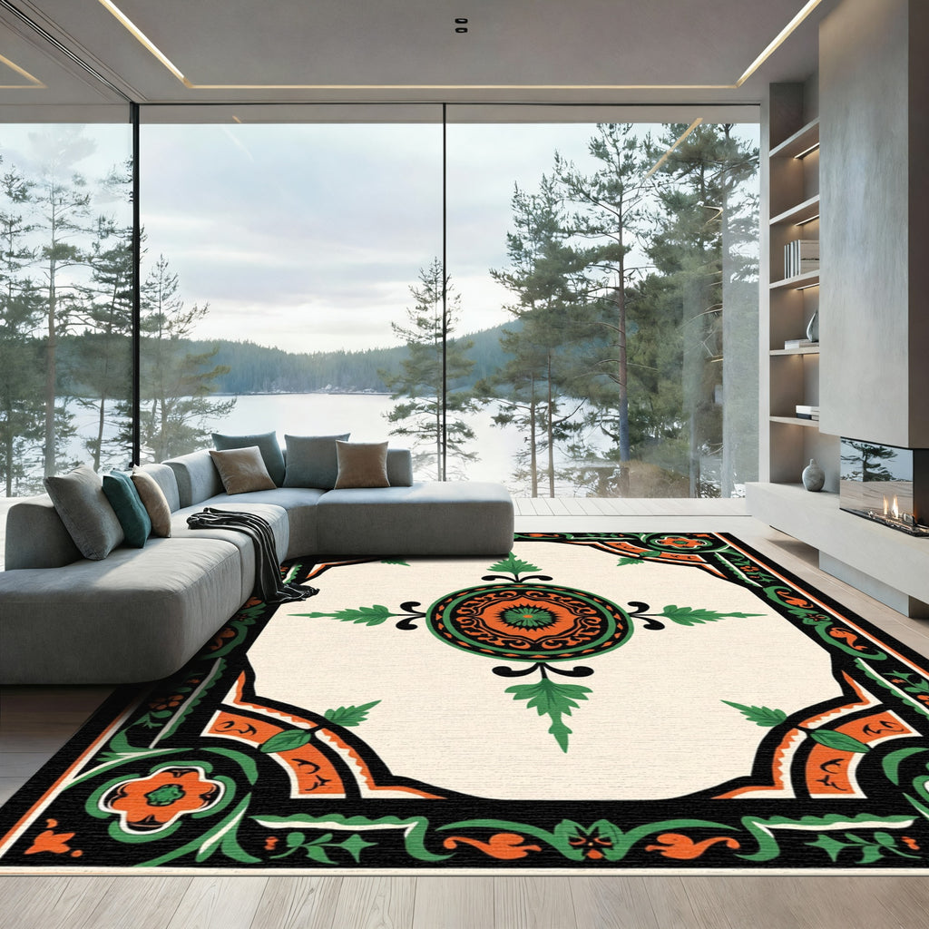 Cream Orange Green Floral Medallion Rug