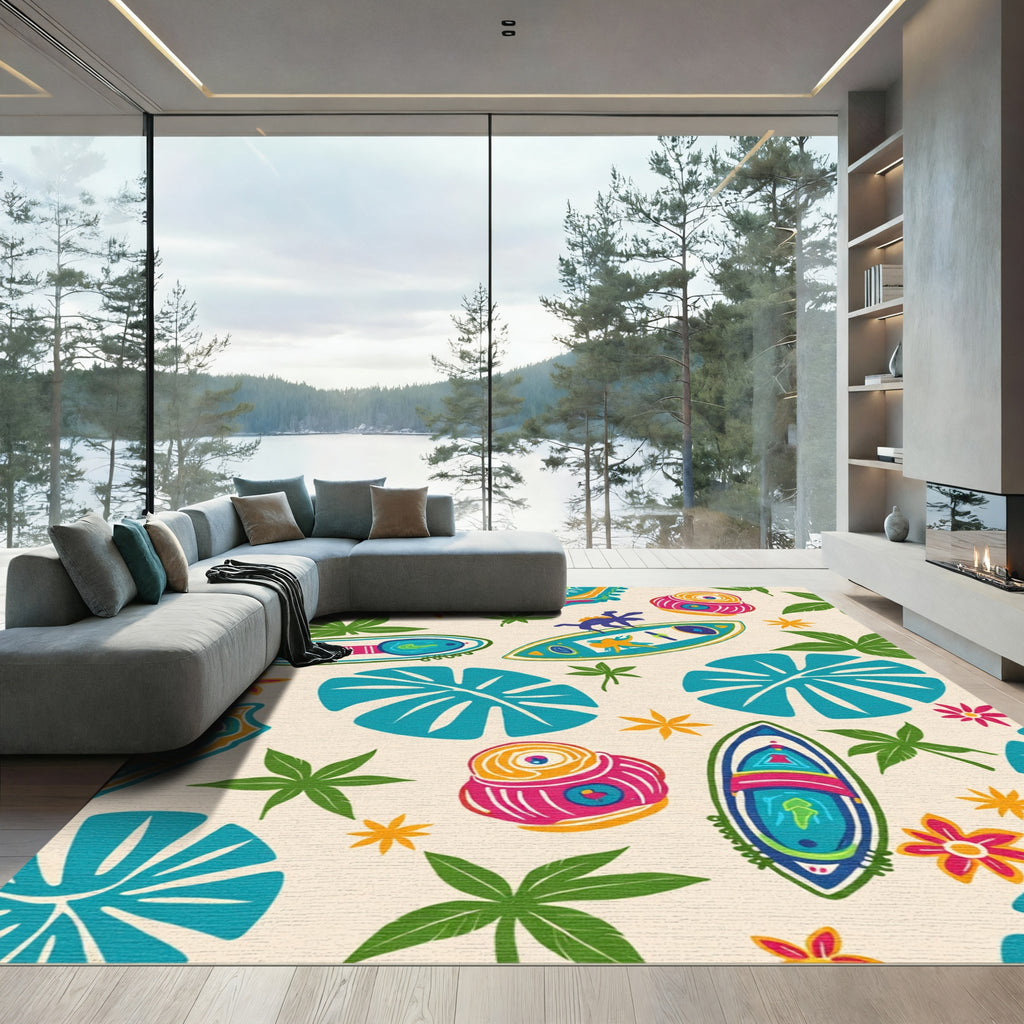 Retro Tropical Surfboard And Shell Rug