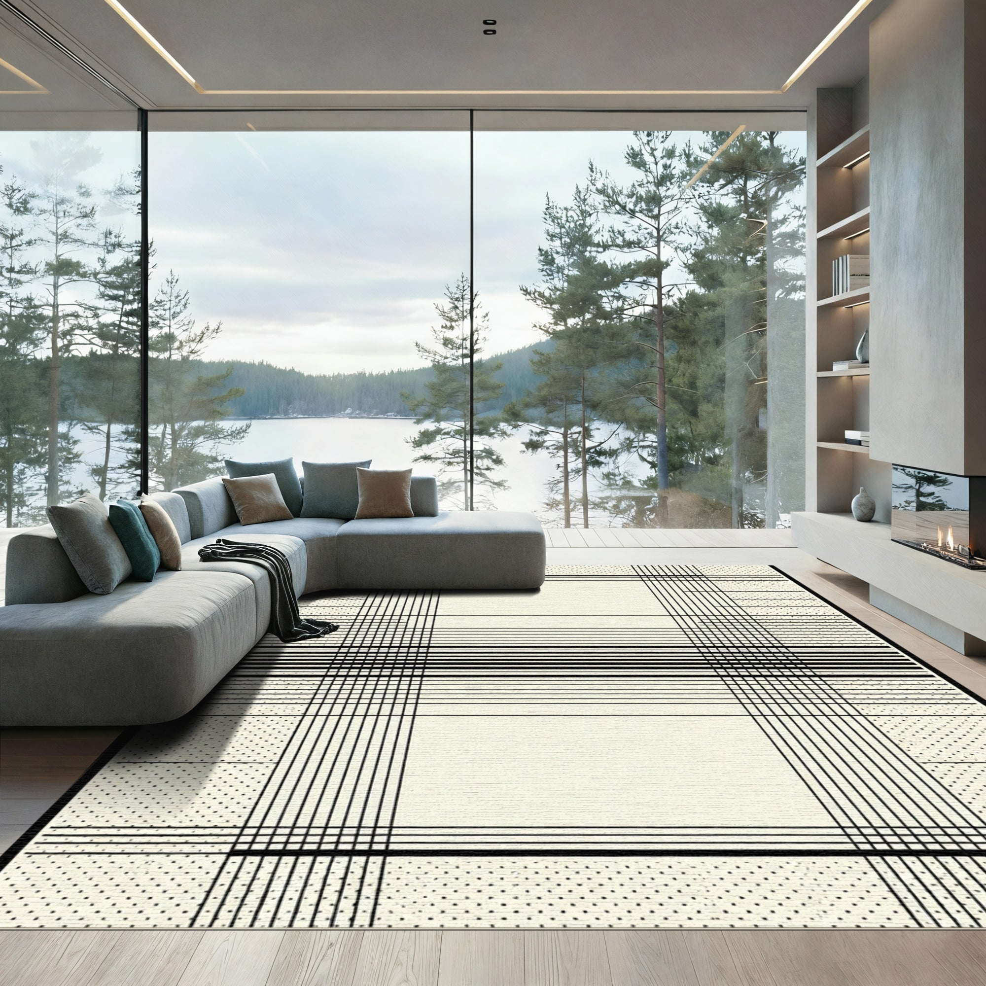 Geometric Black Grid Cream Contemporary Rug