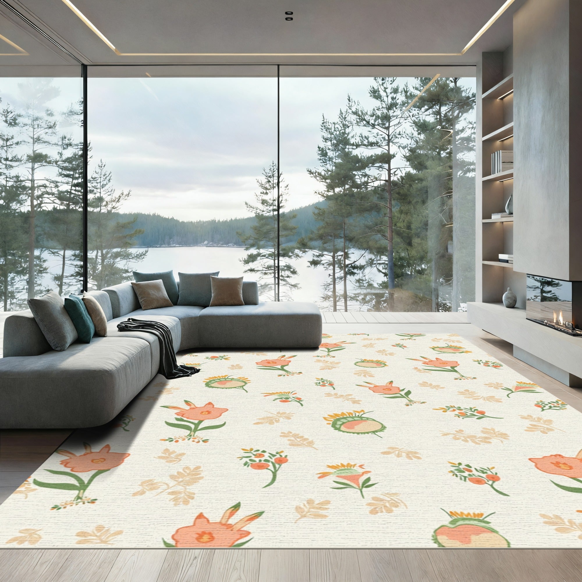 Coral Orange Botanical Floral Arrangement Rug
