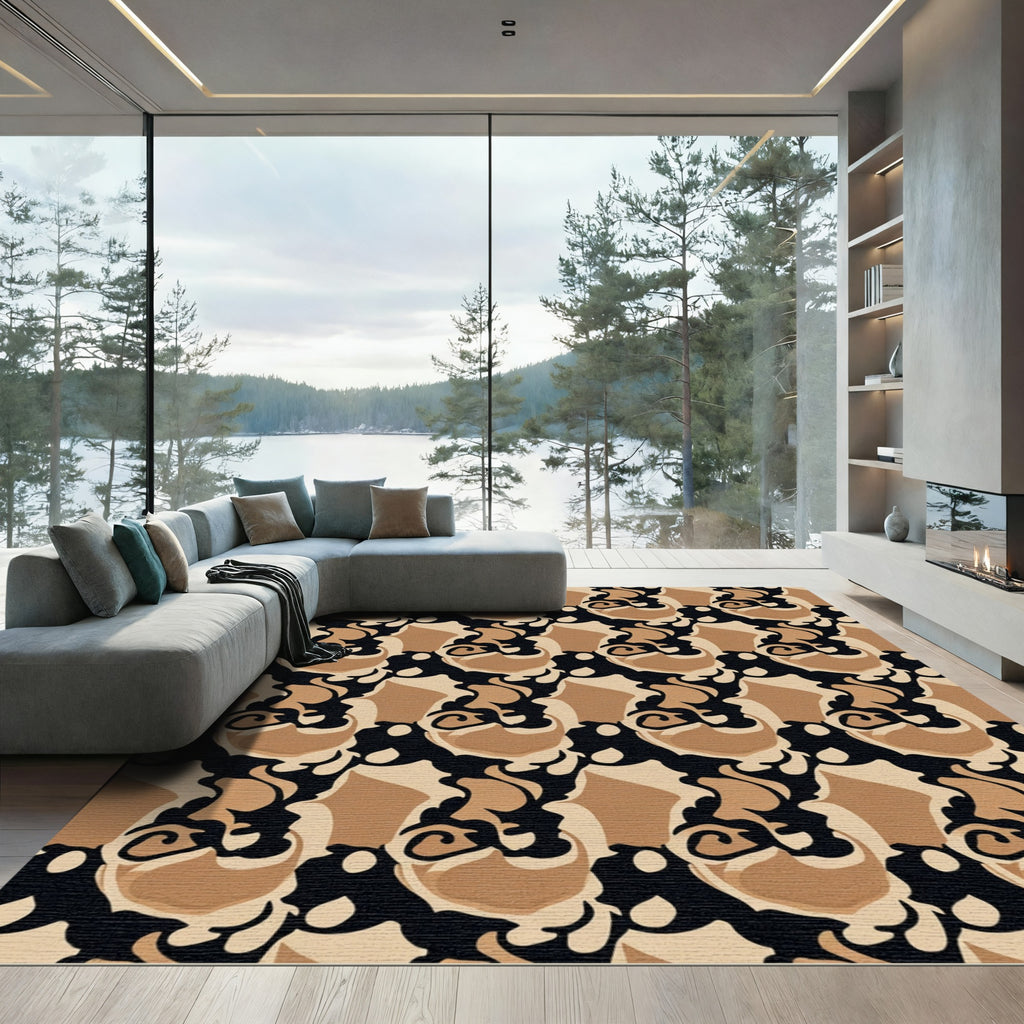Abstract Black Tan Swirl Stripe Rug