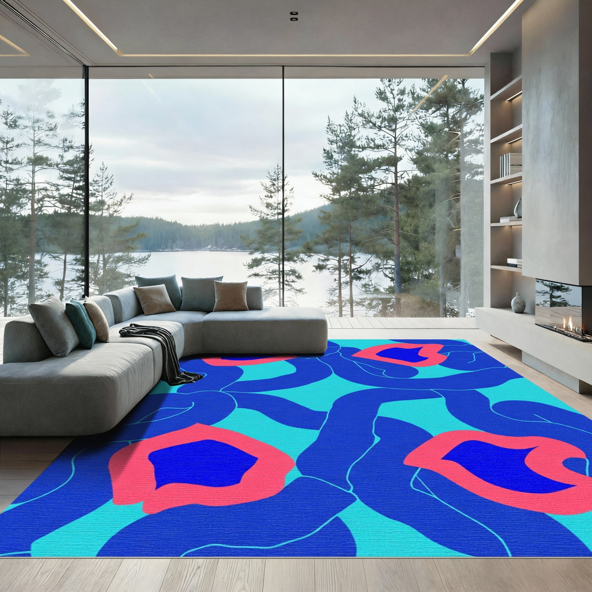 Abstract Blue Coral Bloom Medallion Rug