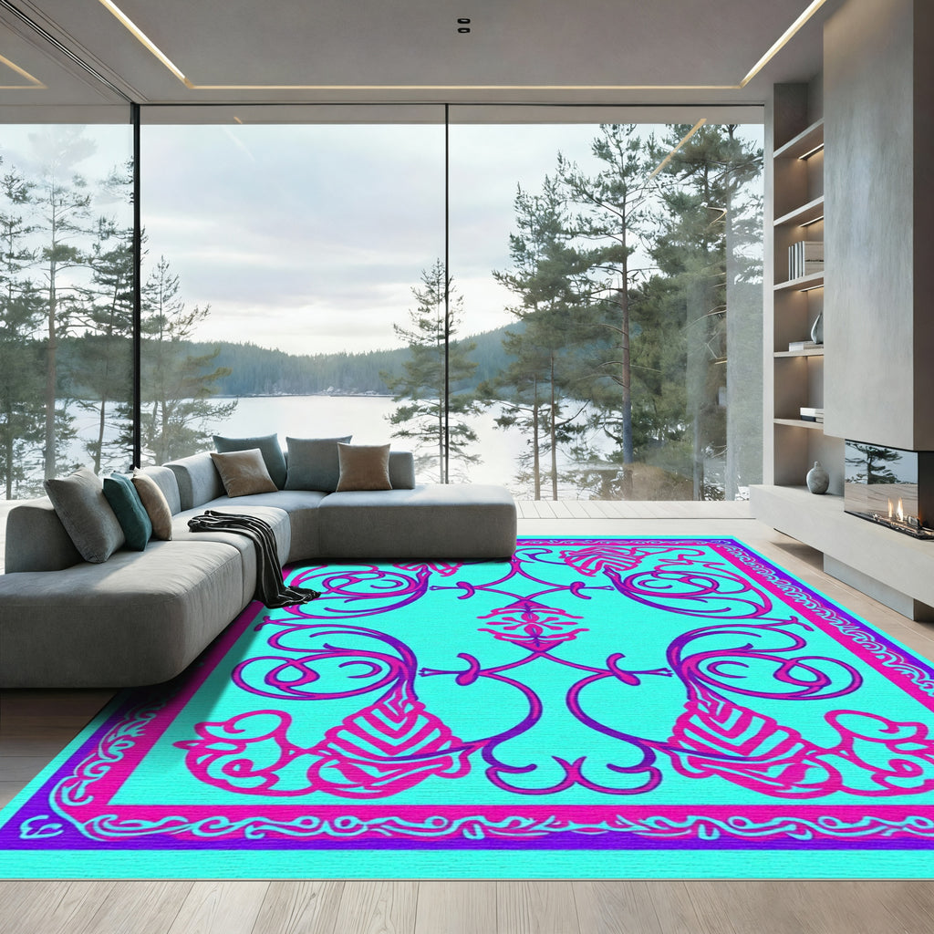 Vibrant Aqua Baroque Floral Rug