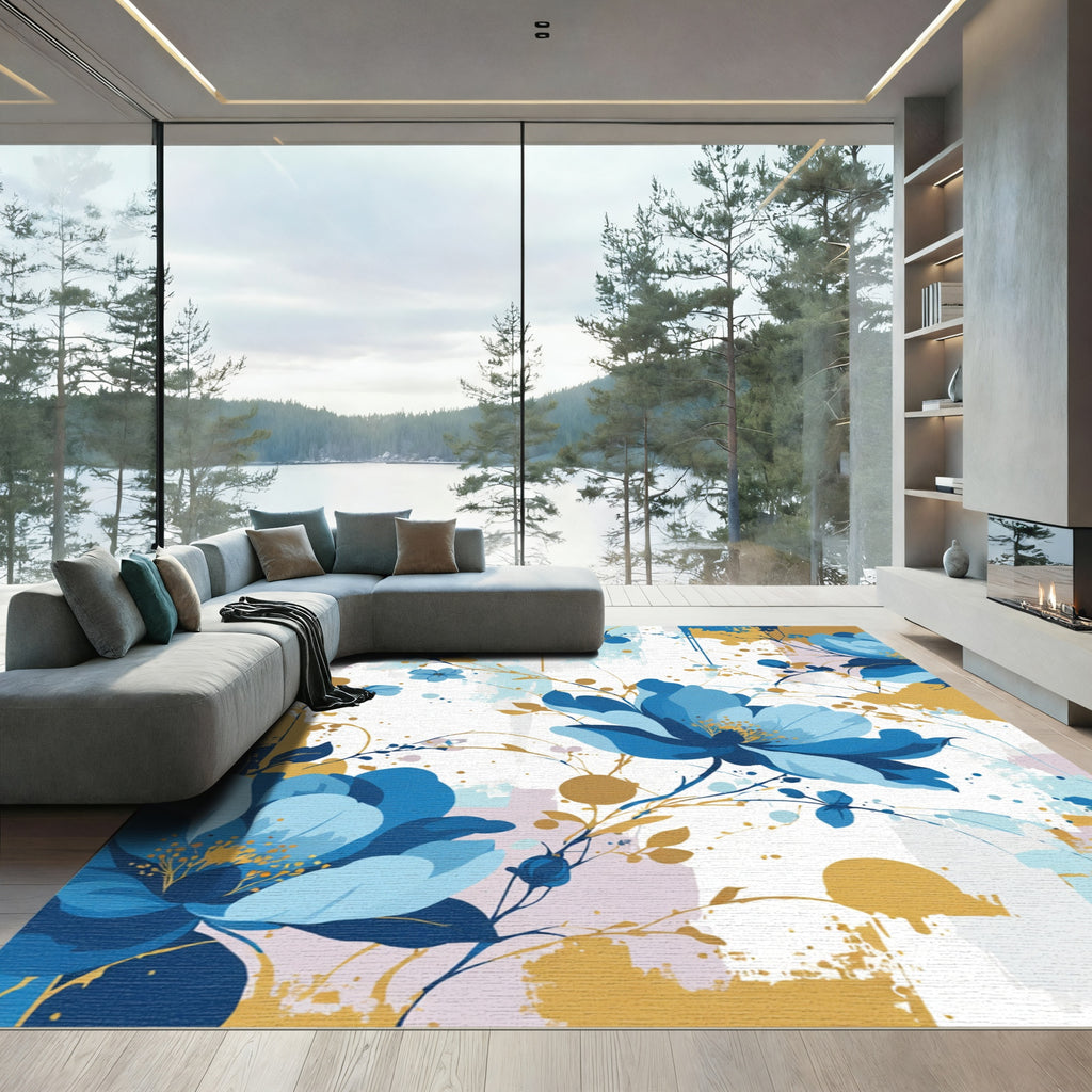 Deep Blue Floral Splatter Abstract Rug