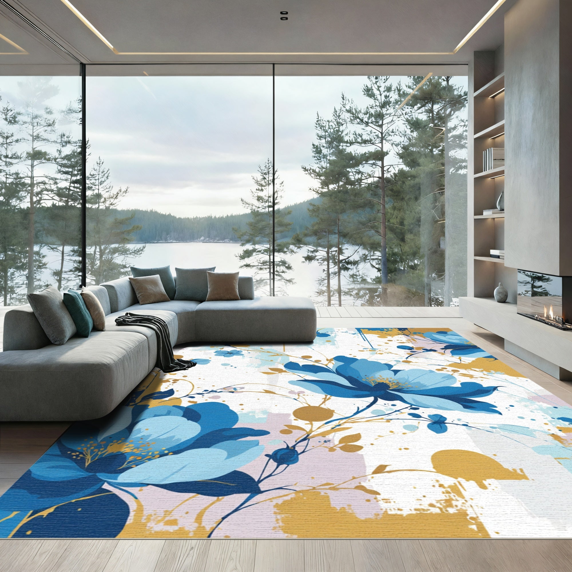 Deep Blue Floral Splatter Abstract Rug
