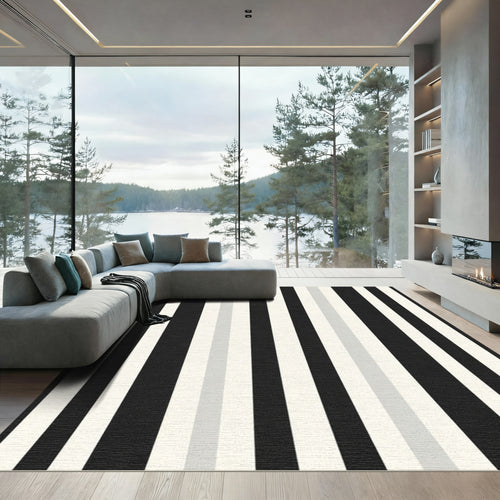 Bold Black and White Vertical Stripe Rug