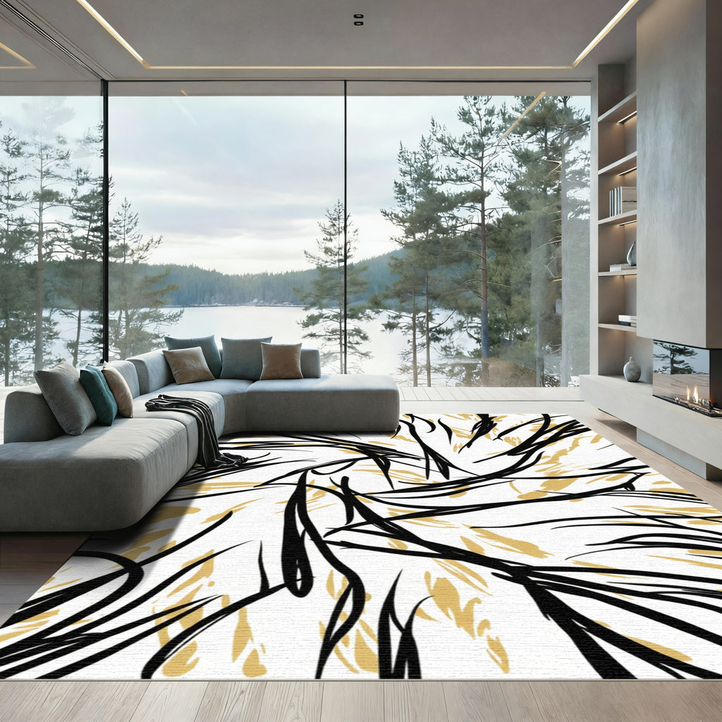 Black Gold Abstract Swirl Rug