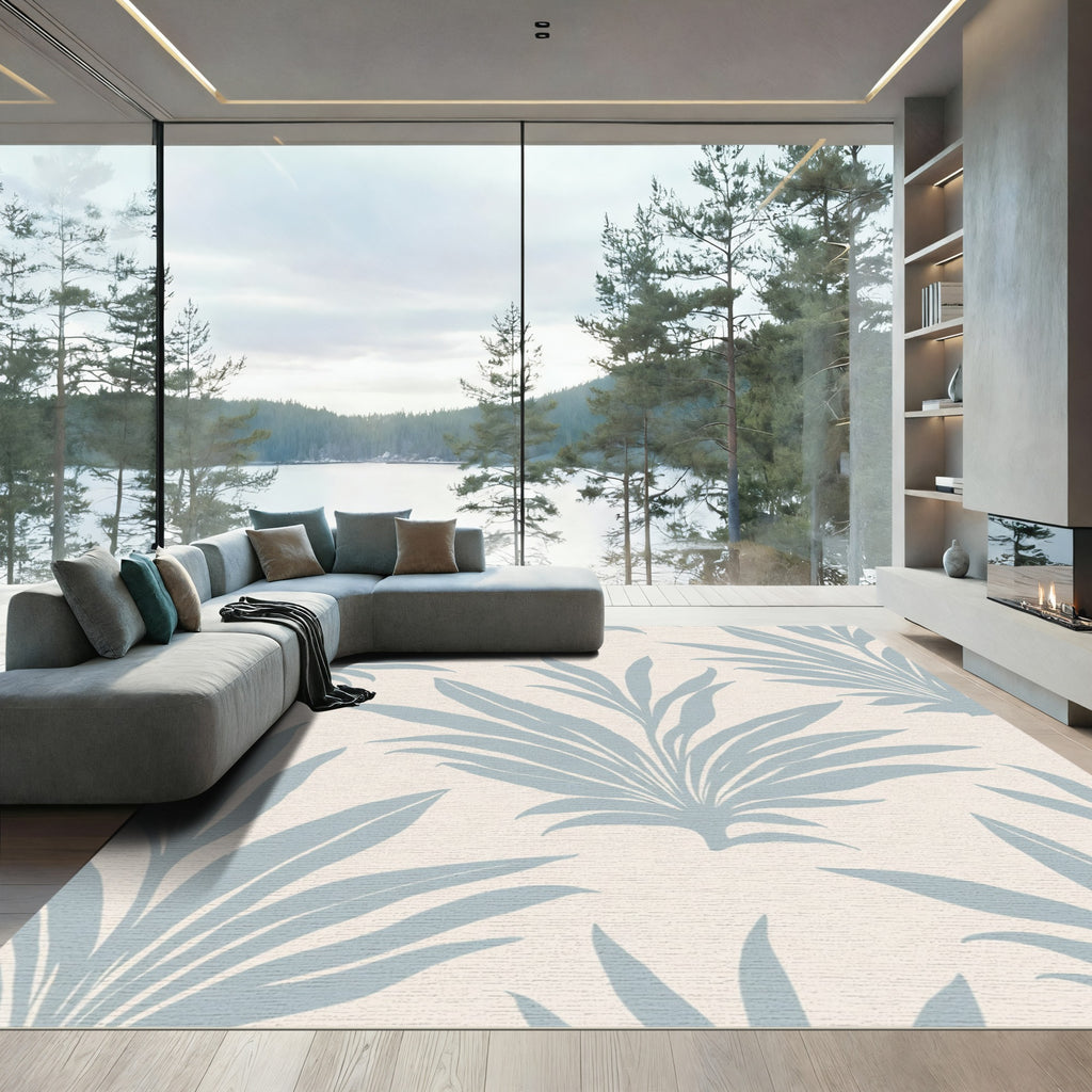 Pale Blue Tropical Leaf Cluster Rug