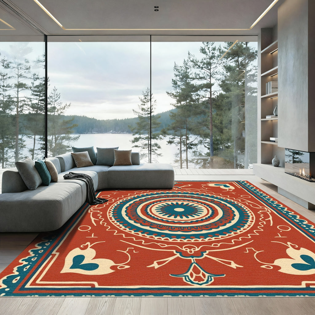 Terracotta Teal Mandala Folk Art Rug