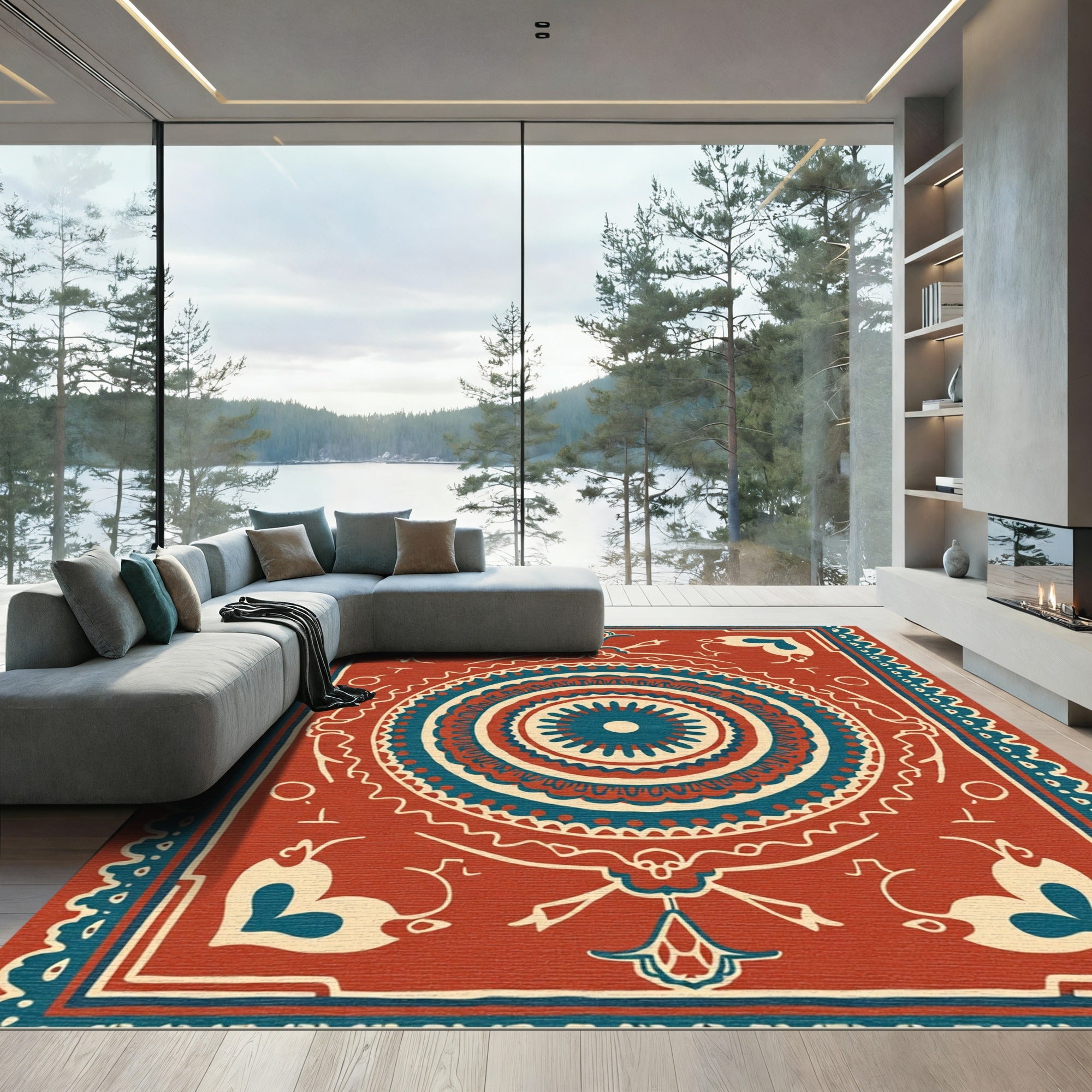 Terracotta Teal Mandala Folk Art Rug