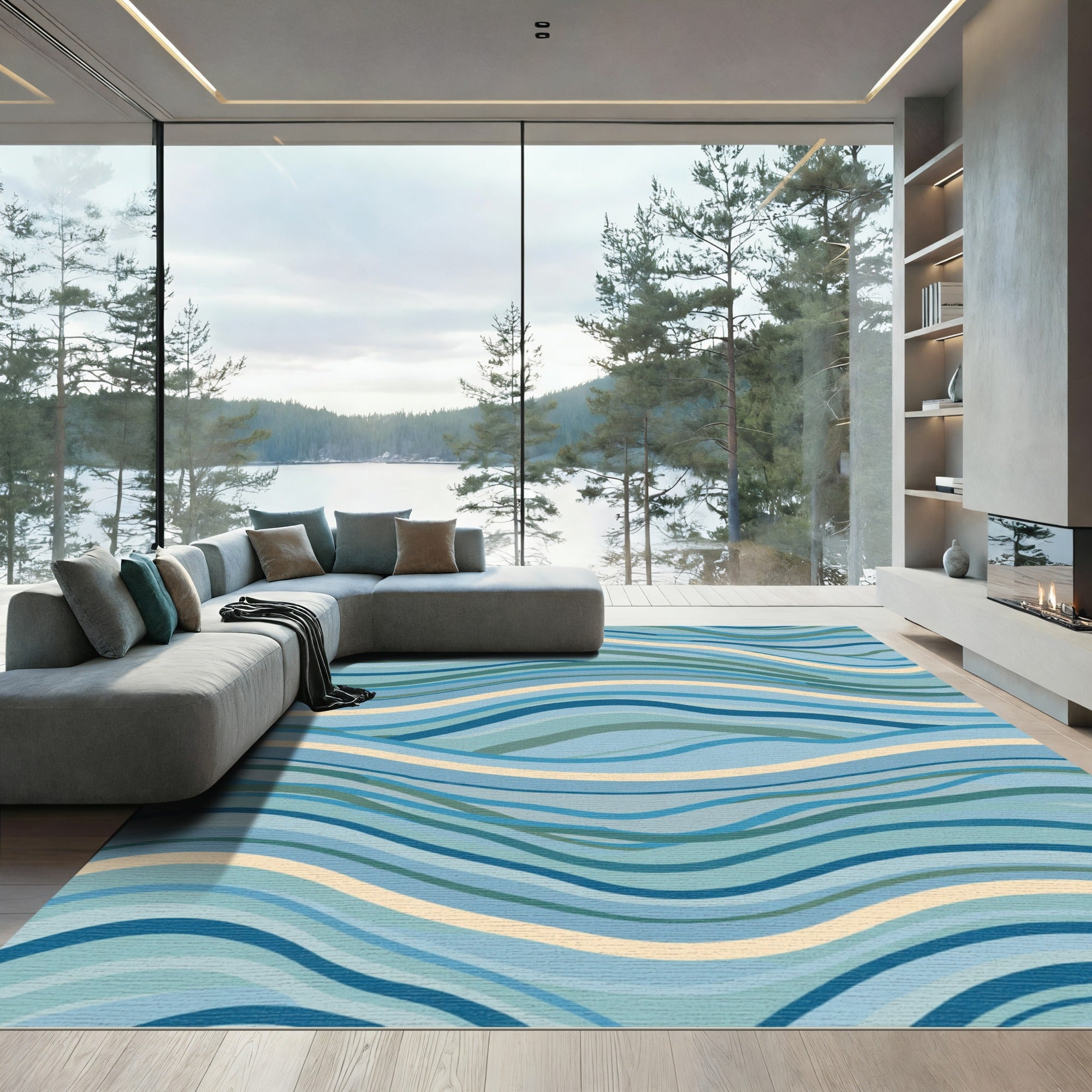 Coastal Blue Wavy Stripe Blend Rug