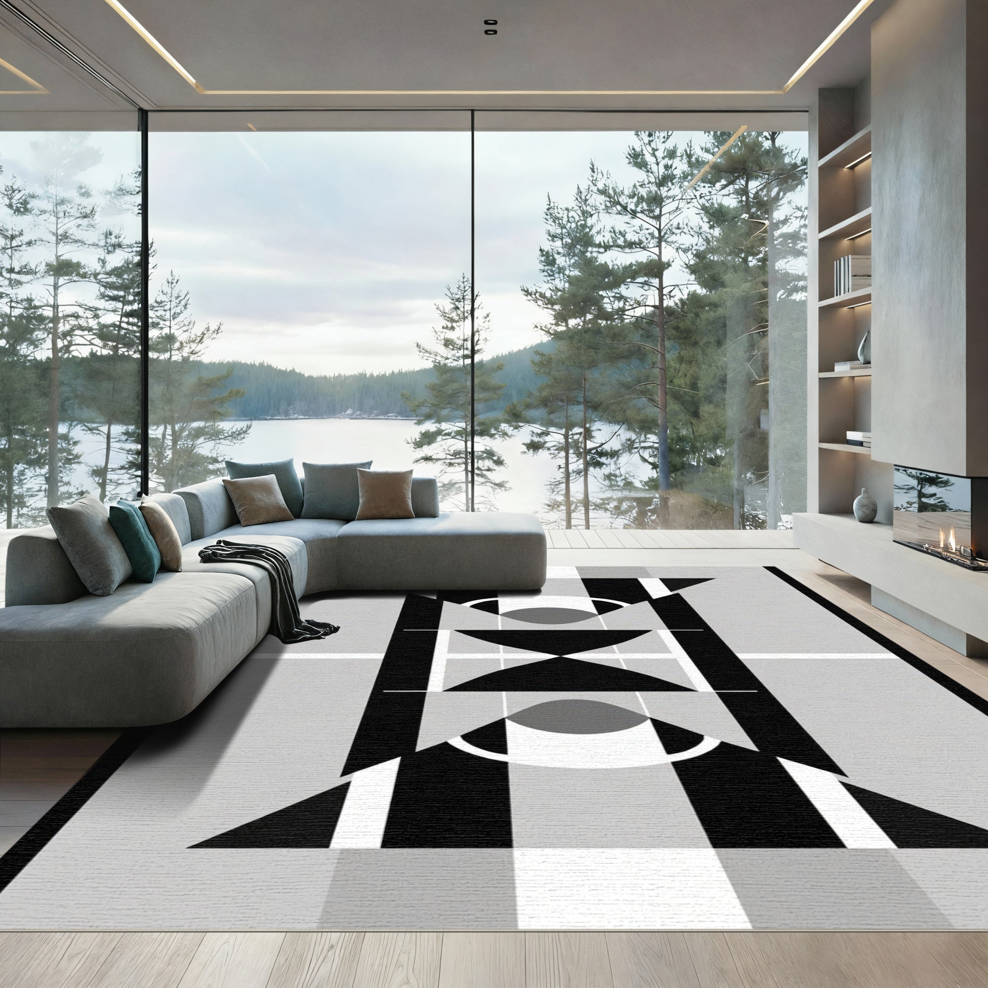 Monochromatic Geometric Art Composition Rug