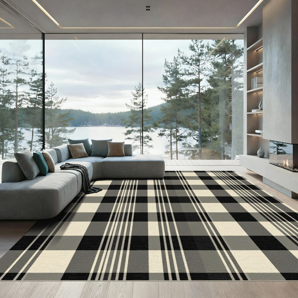 Sophisticated Black Cream Plaid Lines Rug