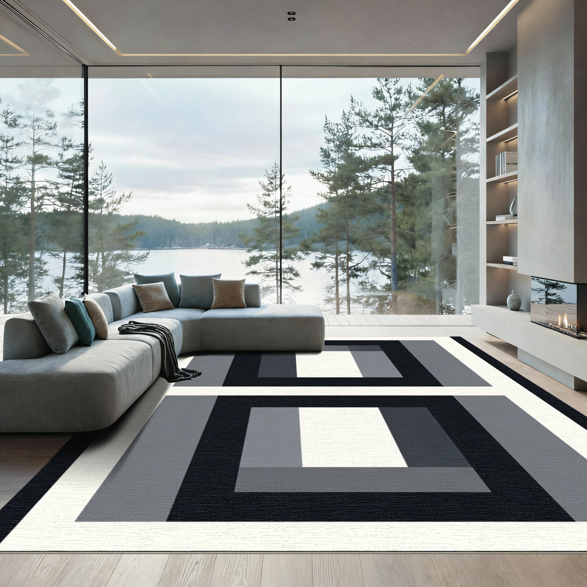 Modern Geometric Black White Squares Rug
