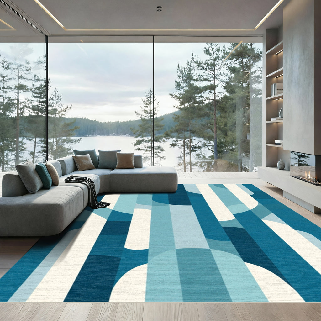 Deep Blue Waves Overlayed Stripes Rug
